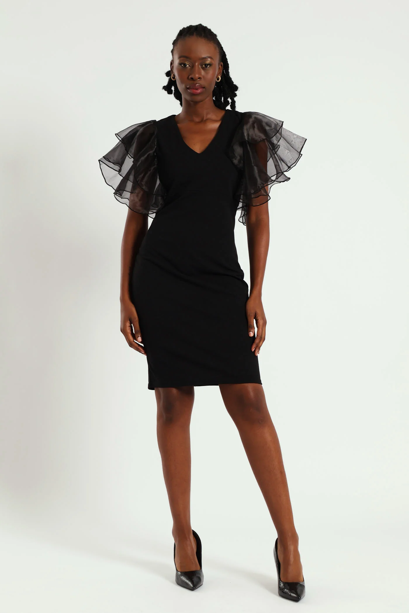 Short Organza Sleeve Combo Dress - Black