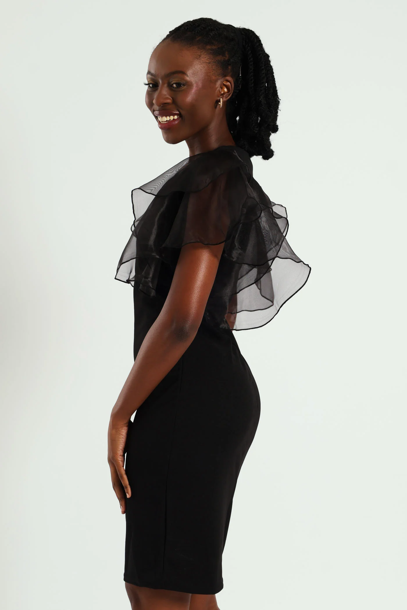 Short Organza Sleeve Combo Dress - Black - Image 4