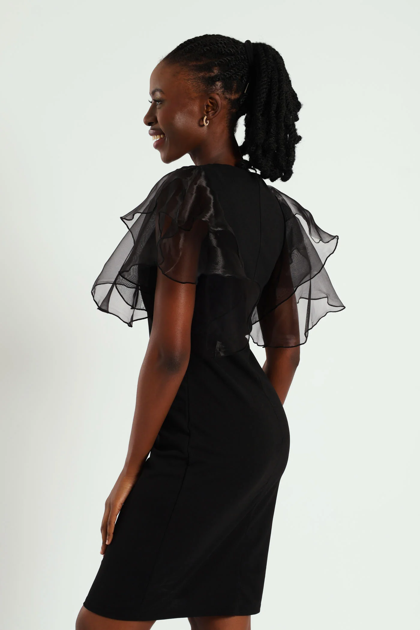 Short Organza Sleeve Combo Dress - Black - Image 5
