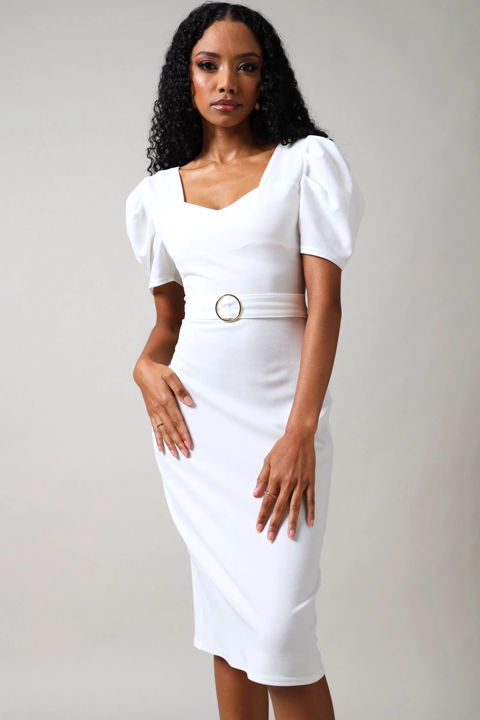 Short Sleeve Belted Bodycon Midi Dress - White - Image 4
