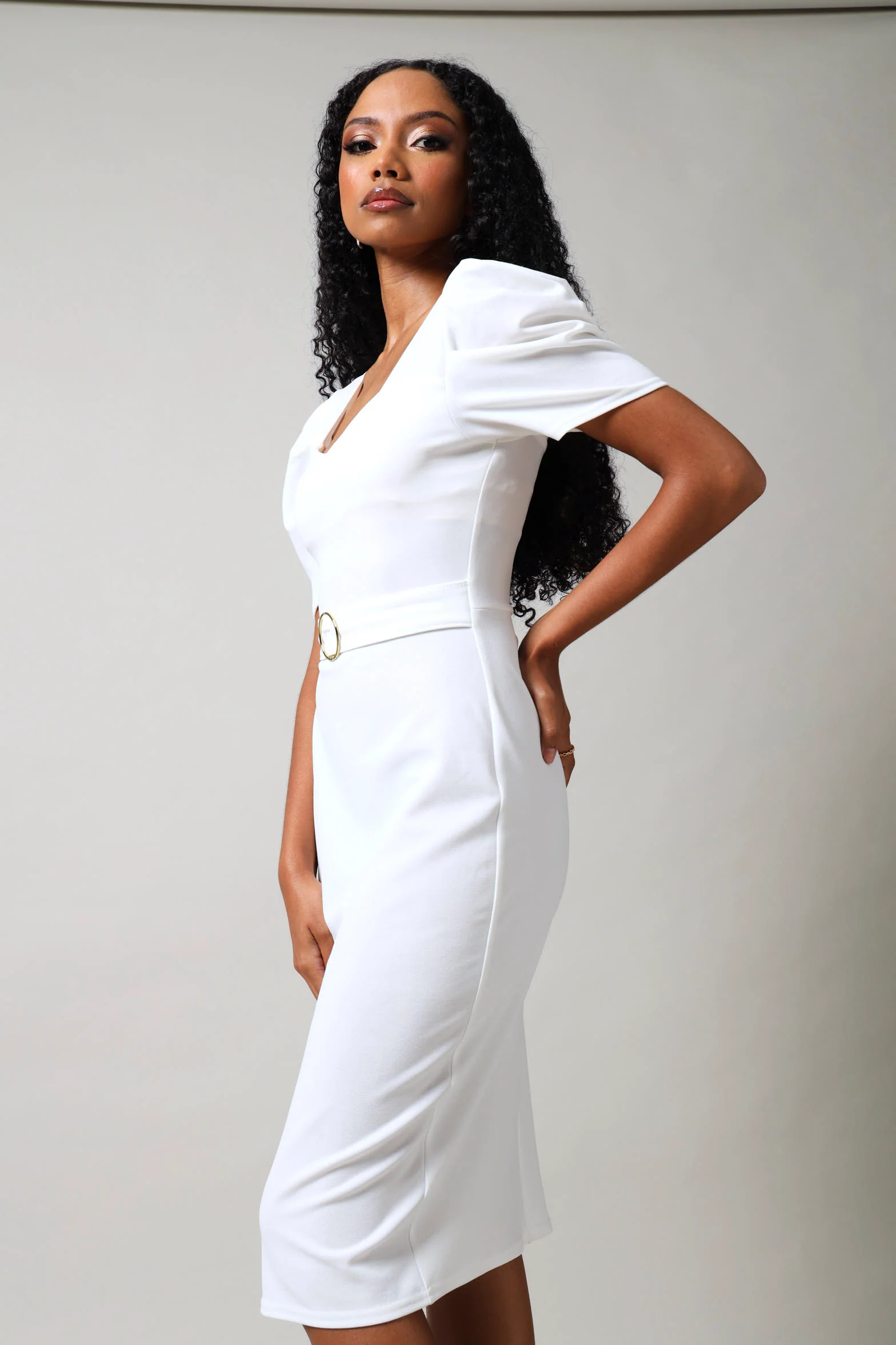 Short Sleeve Belted Bodycon Midi Dress - White - Image 5