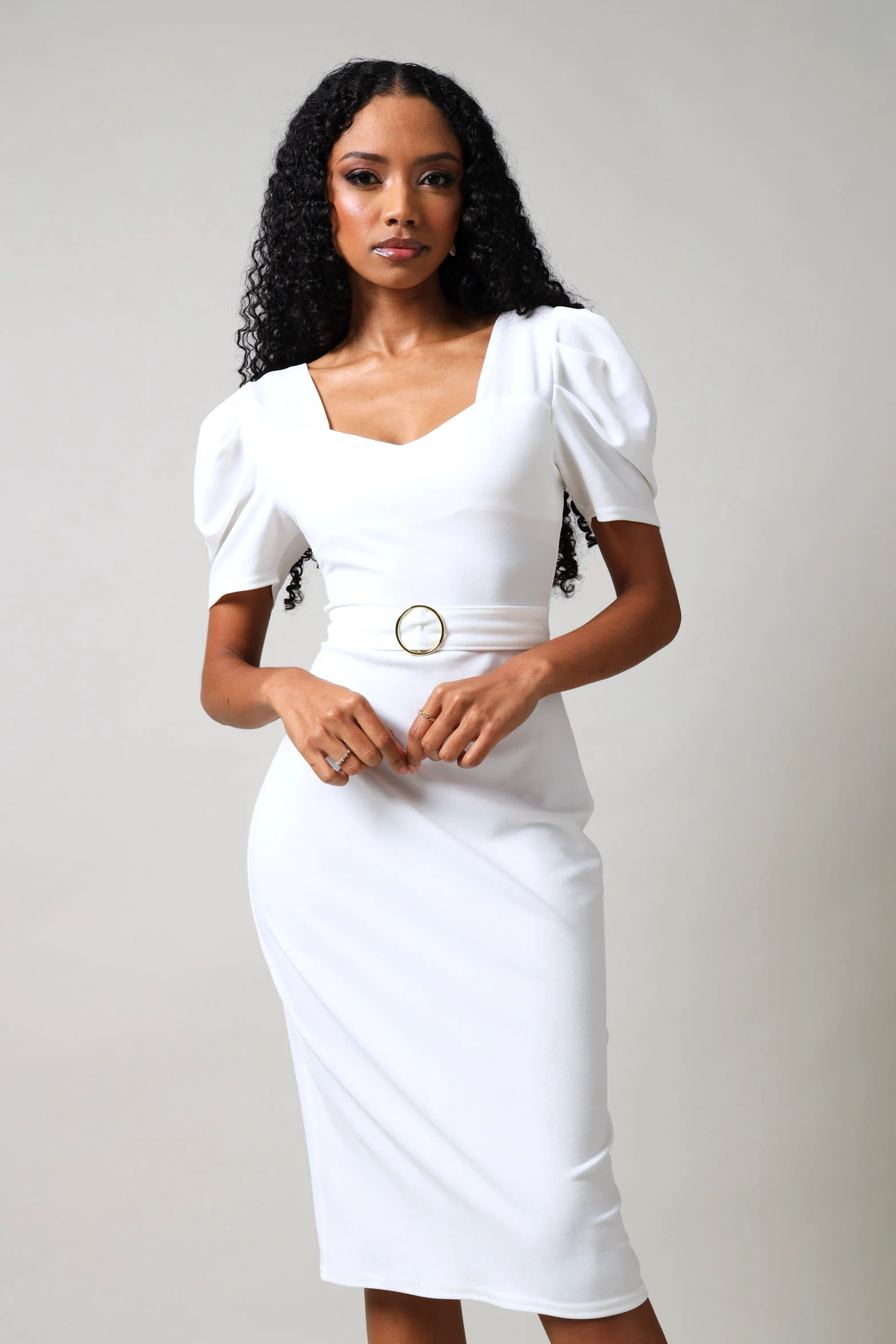 Short Sleeve Belted Bodycon Midi Dress - White - Image 6