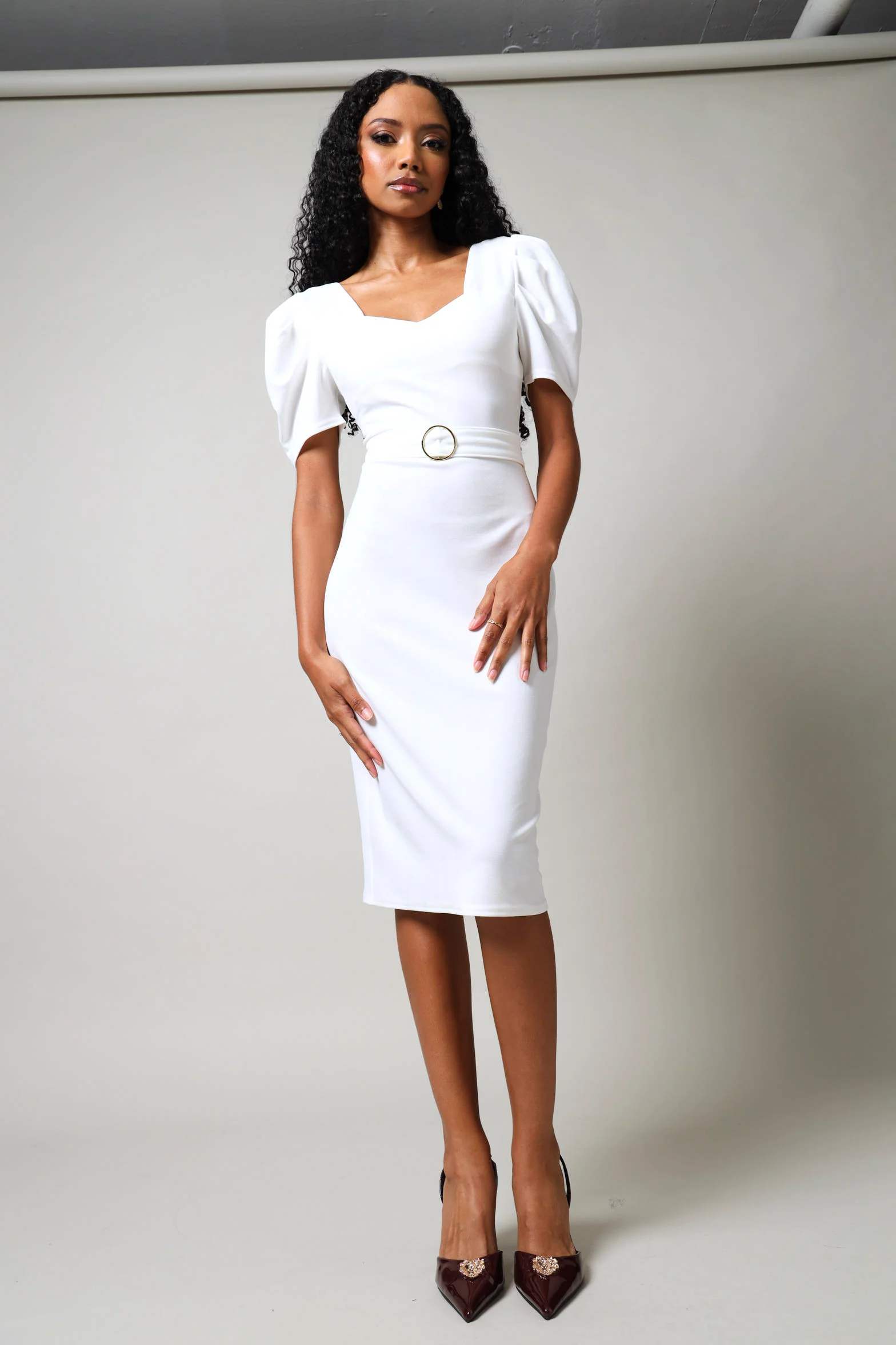 Short Sleeve Belted Bodycon Midi Dress - White - Image 7