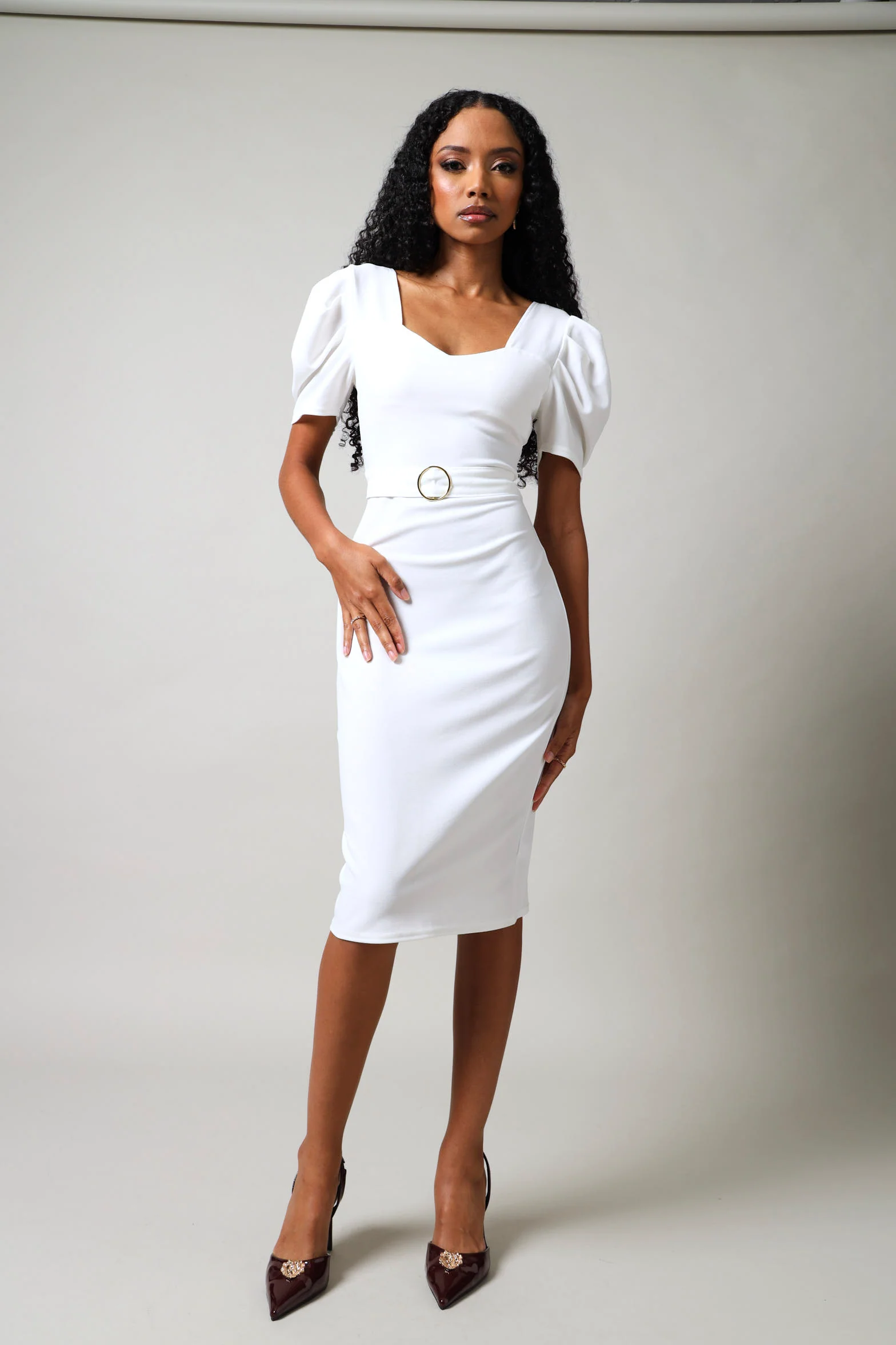Short Sleeve Belted Bodycon Midi Dress - White - Image 8