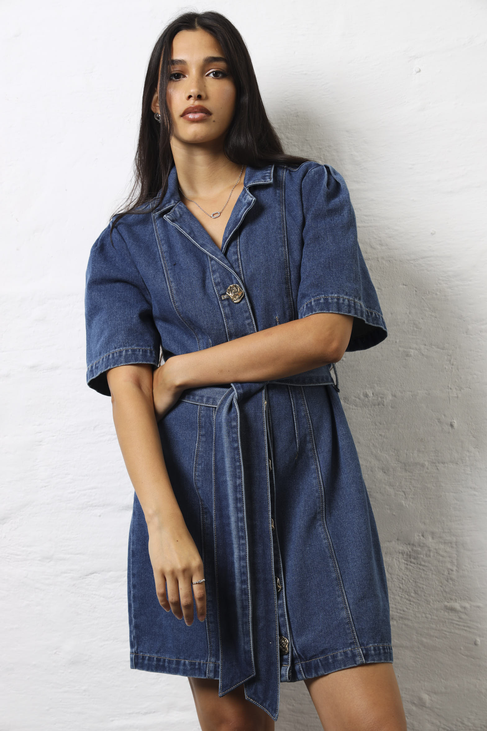 Short Sleeve Belted Denim Blazer Mini Dress - Salty Medium Wash