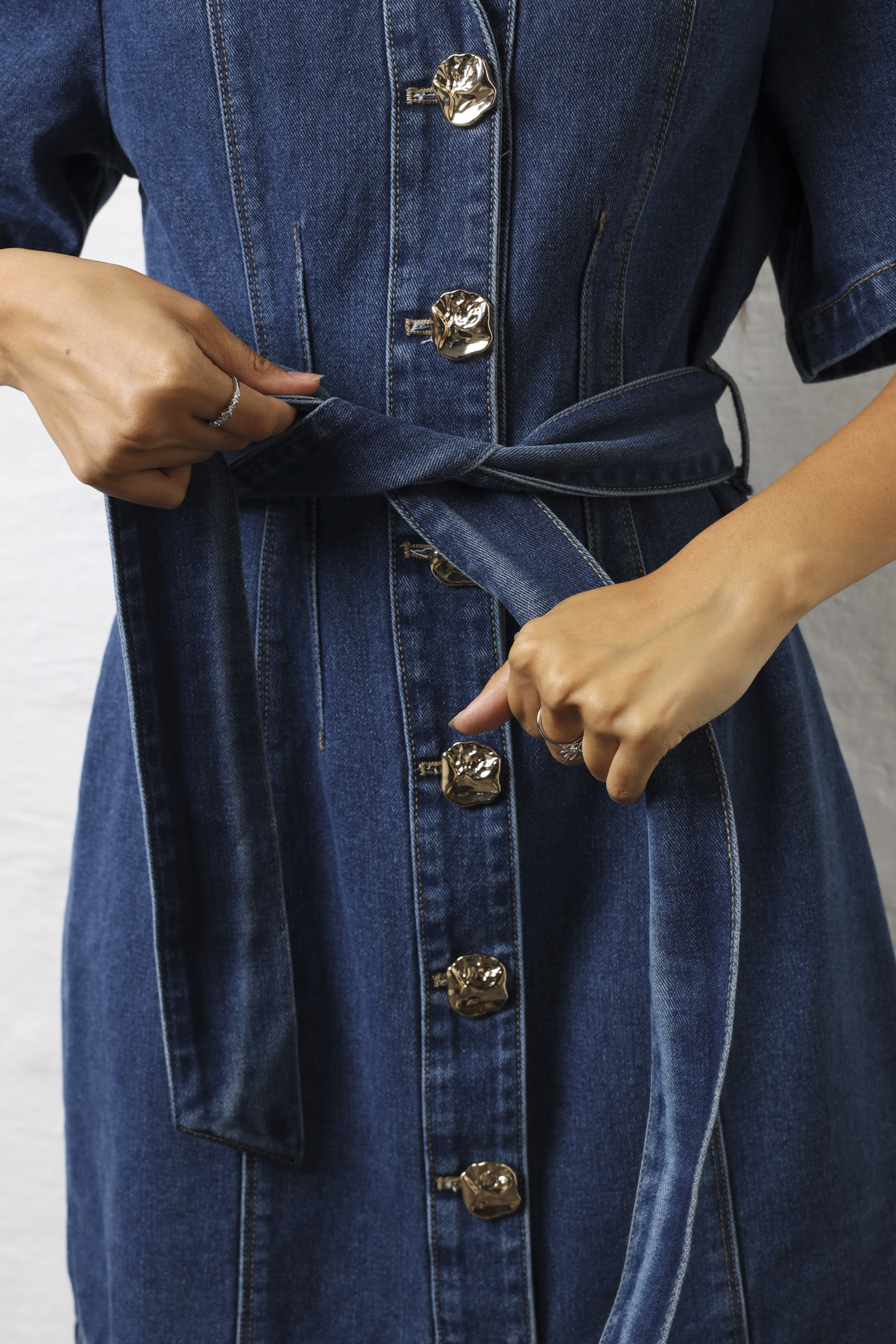 Short Sleeve Belted Denim Blazer Mini Dress - Salty Medium Wash - Image 3