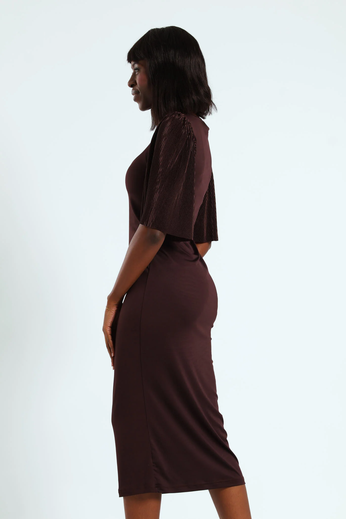 Short Sleeve Bodre Flare Sleeve Combo Midi Dress - Chocolate - Image 3