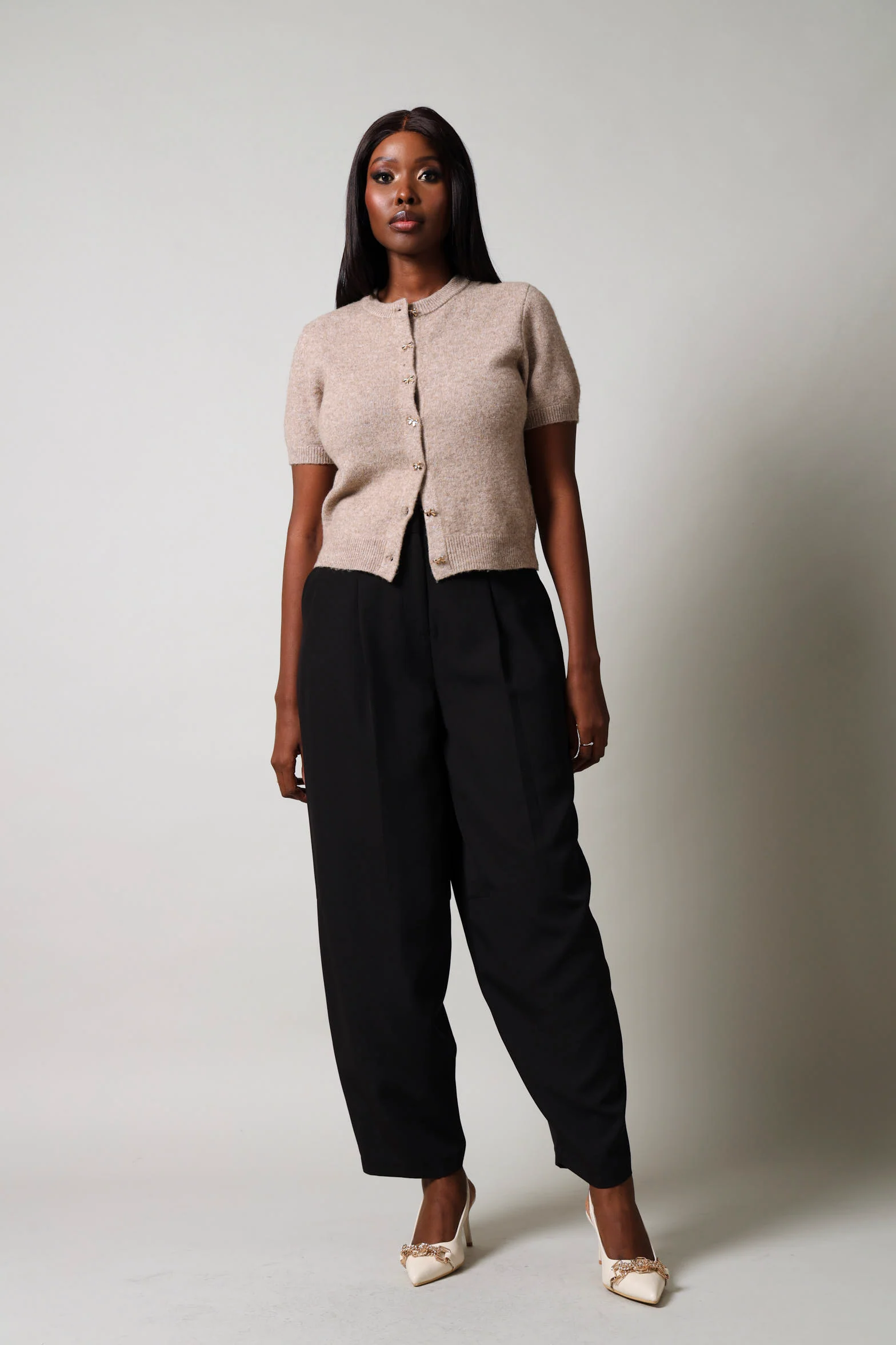 Short Sleeve Bow Knitwear Top - Nude - Image 5
