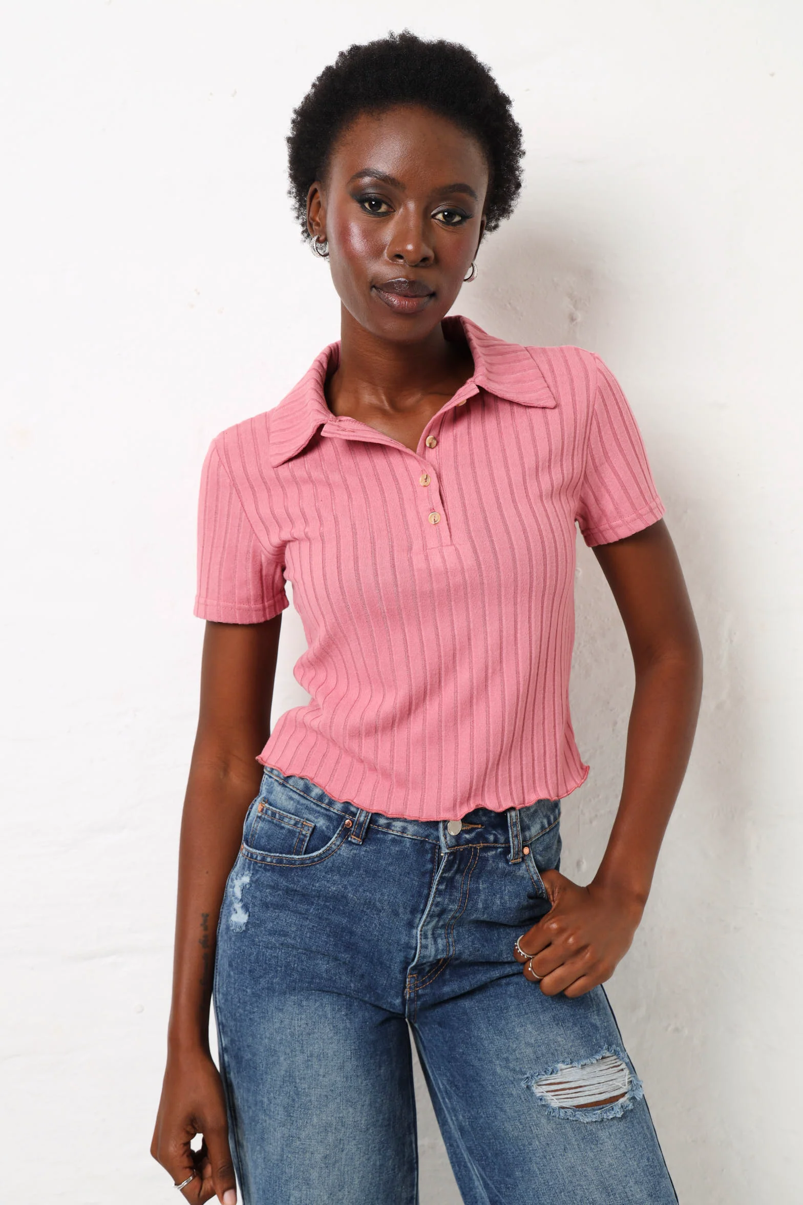 Short Sleeve Brushed Rib Golfer - Pink