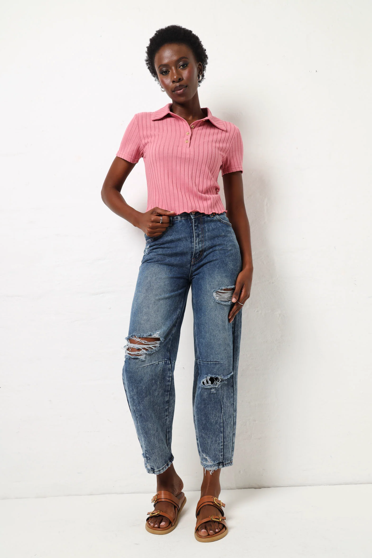 Short Sleeve Brushed Rib Golfer - Pink - Image 2