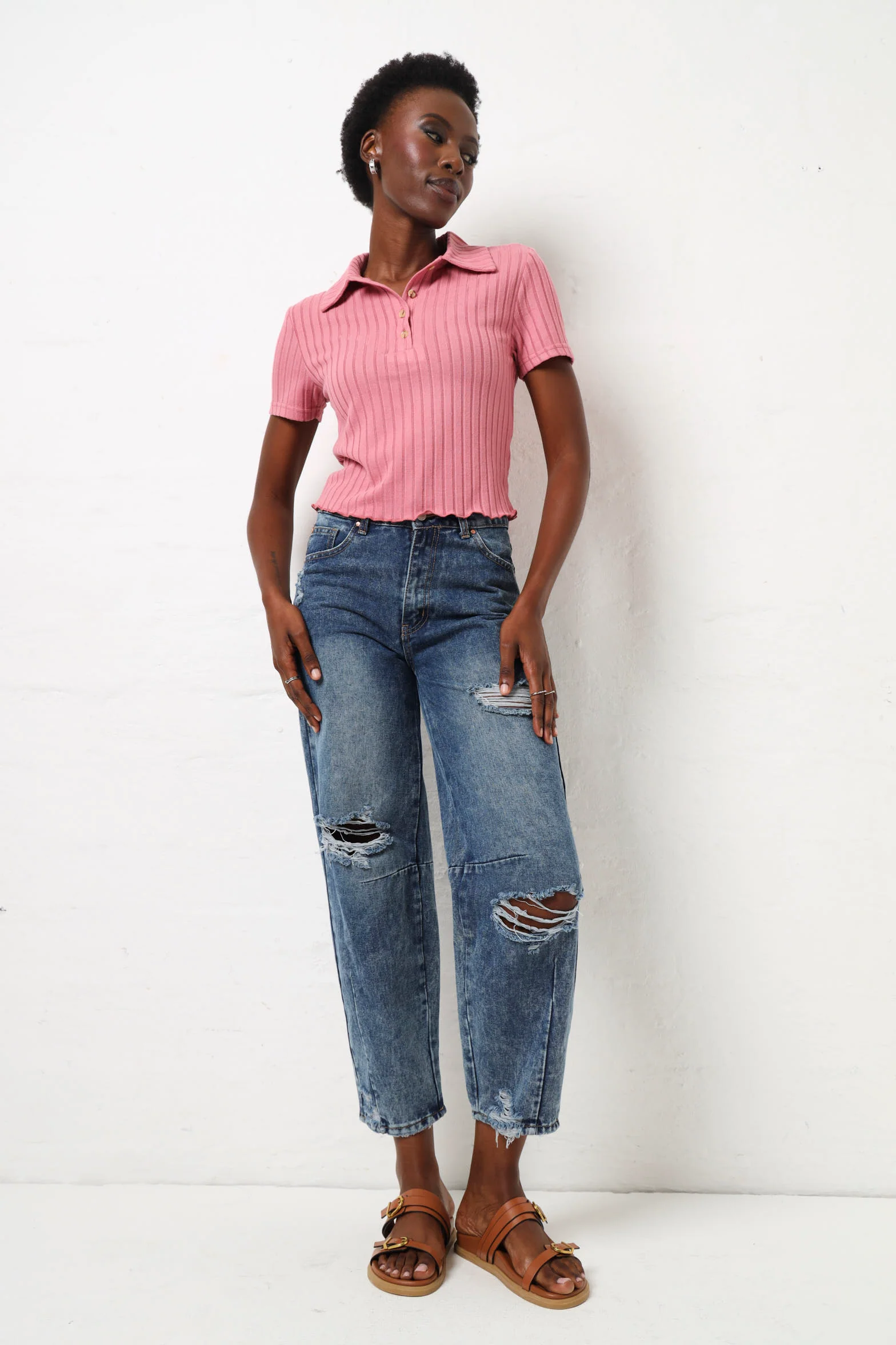 Short Sleeve Brushed Rib Golfer - Pink - Image 6
