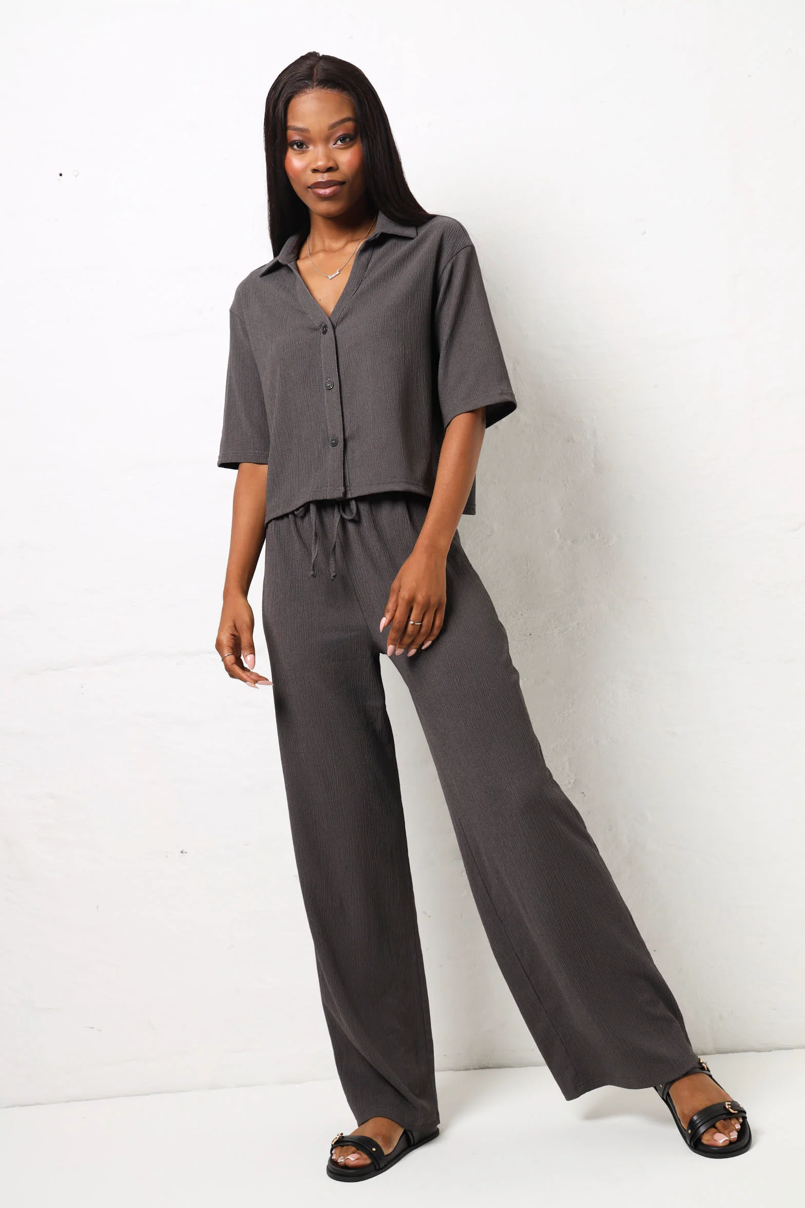 Short Sleeve Button Down Knit Shirt - Charcoal - Image 2