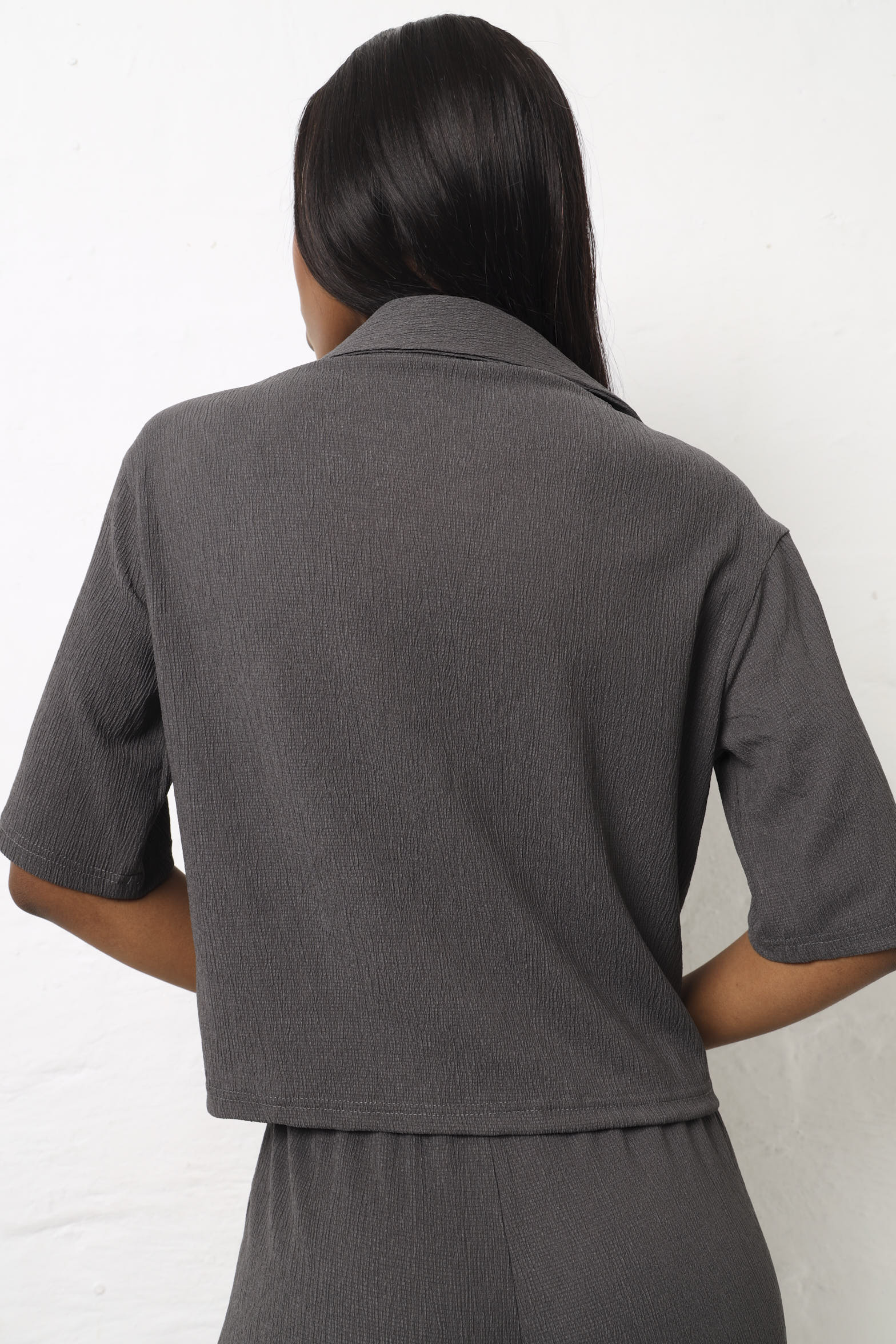 Short Sleeve Button Down Knit Shirt - Charcoal - Image 4