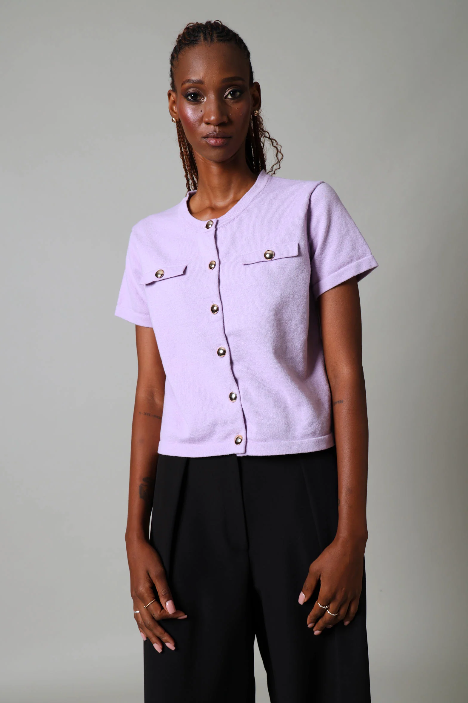 Short Sleeve Button Down Knitwear Top - Lilac
