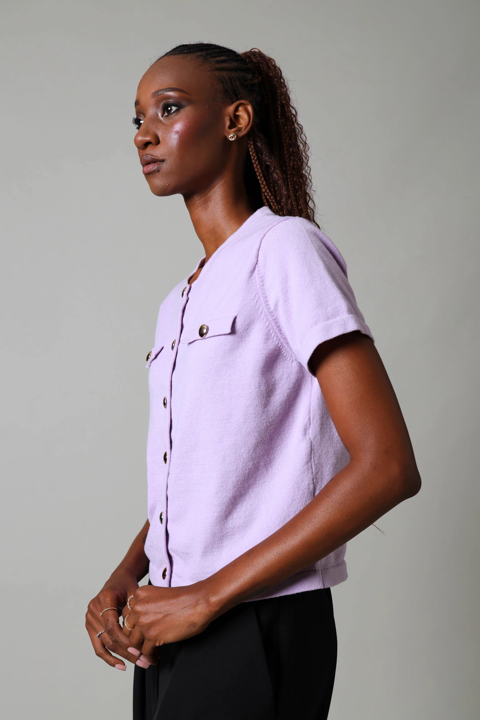 Short Sleeve Button Down Knitwear Top - Lilac - Image 3