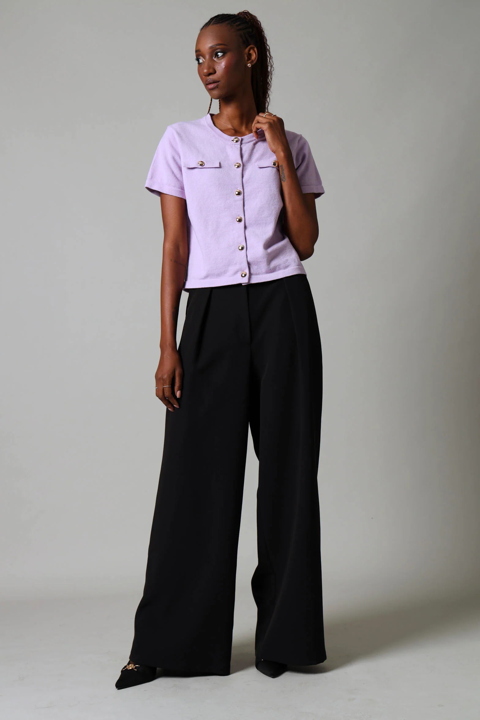 Short Sleeve Button Down Knitwear Top - Lilac - Image 4