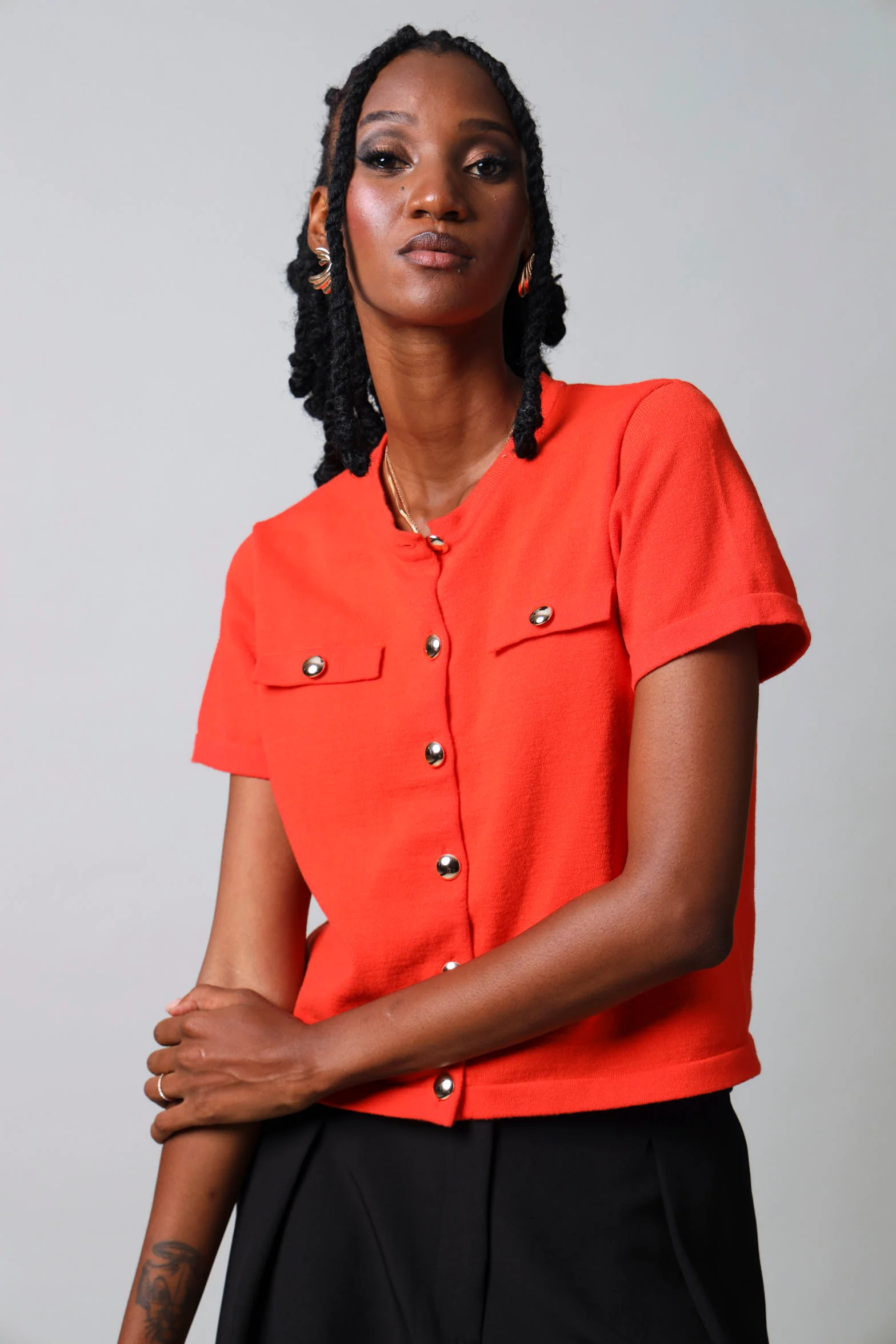 Short Sleeve Button Down Knitwear Top - Orange