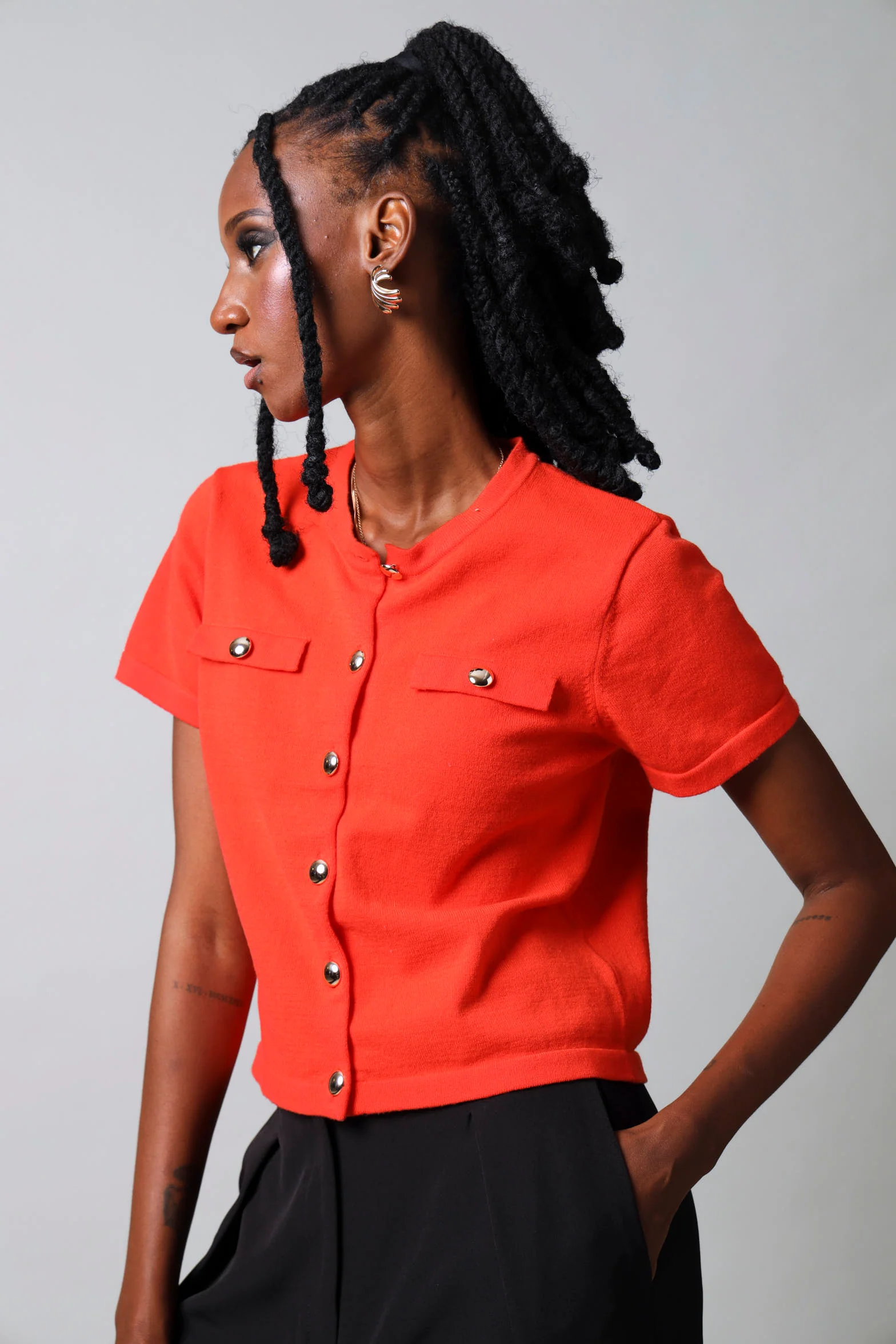 Short Sleeve Button Down Knitwear Top - Orange - Image 3