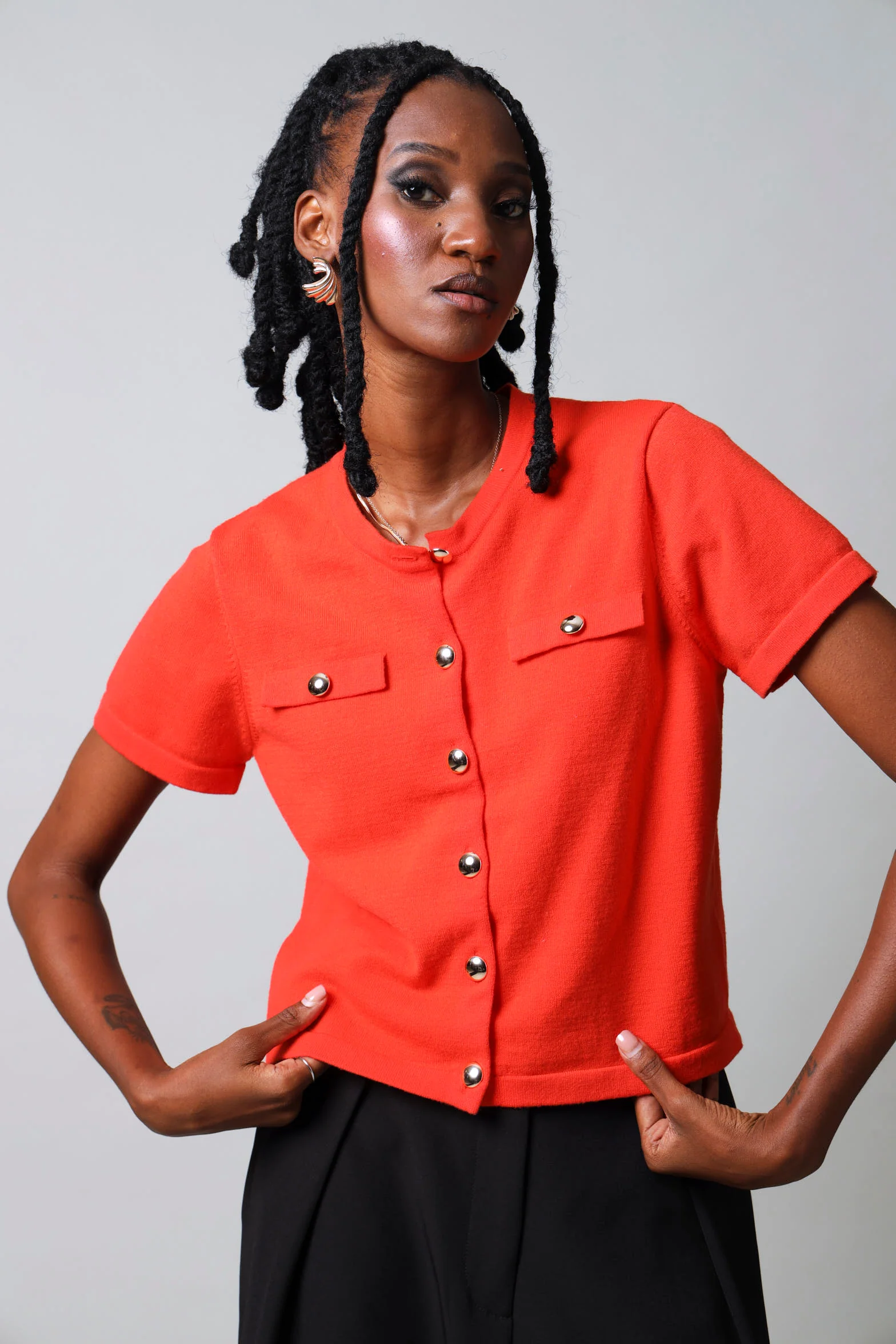 Short Sleeve Button Down Knitwear Top - Orange - Image 5