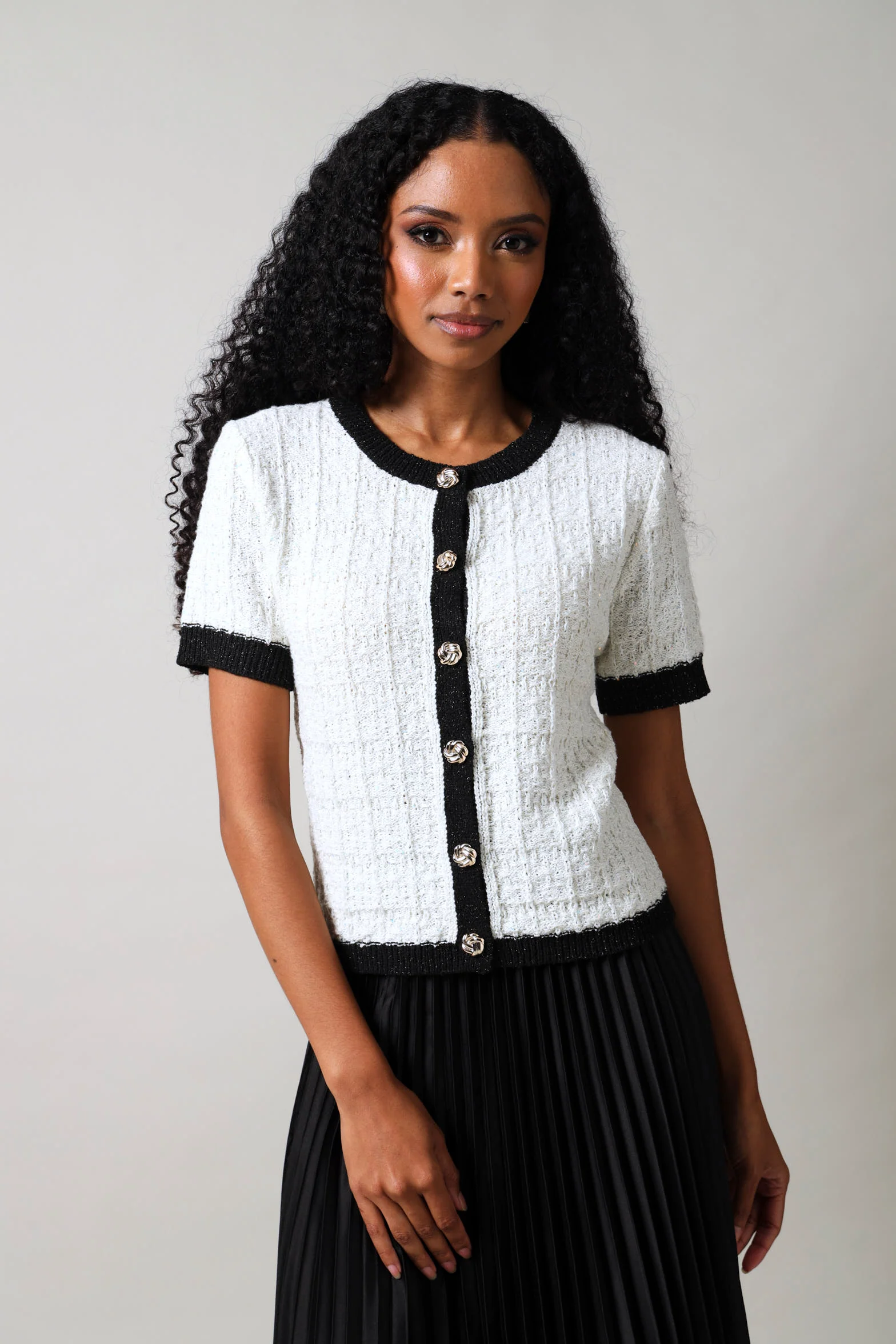 Short Sleeve Button Down Knitwear Top - White/Black