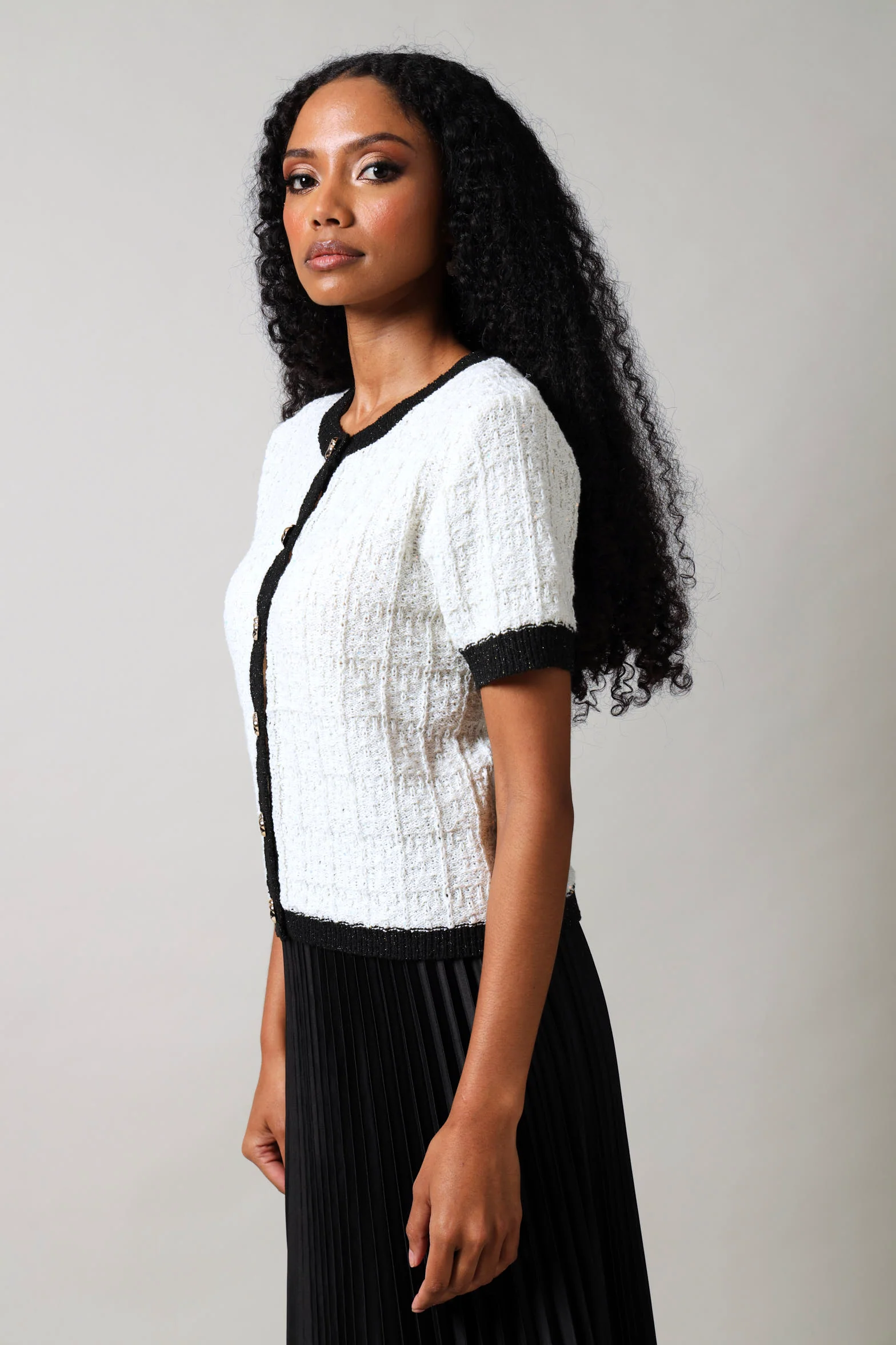 Short Sleeve Button Down Knitwear Top - White/Black - Image 3