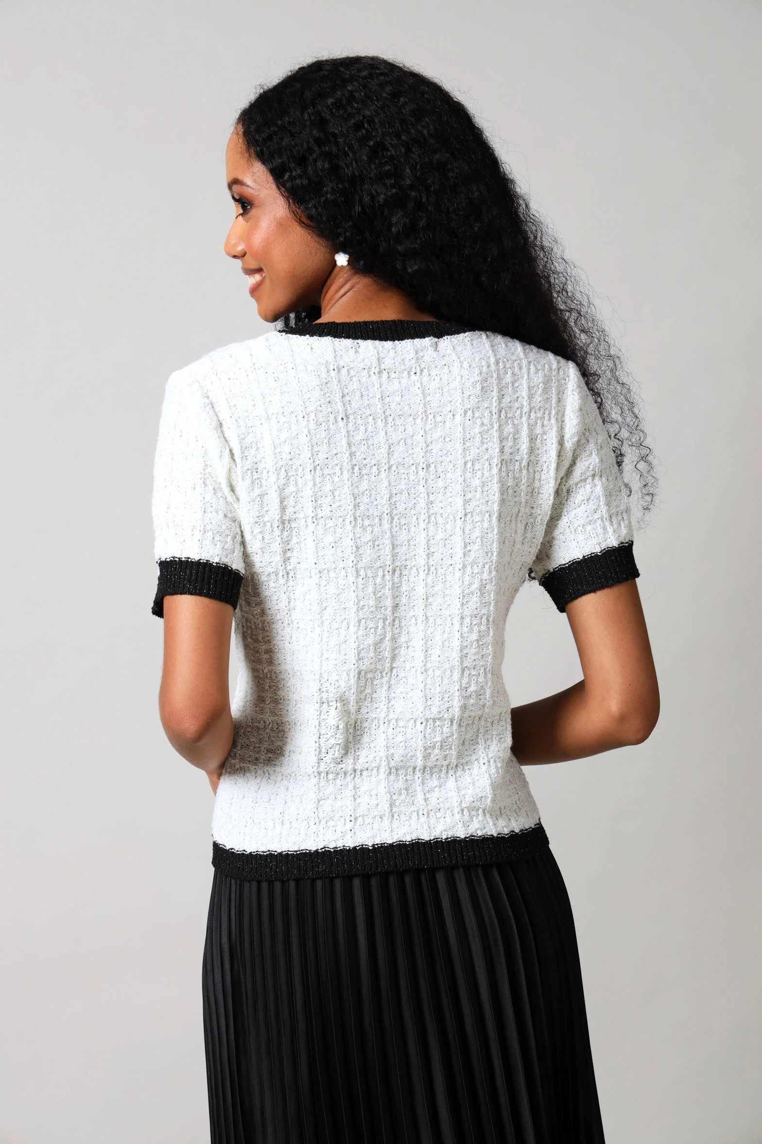 Short Sleeve Button Down Knitwear Top - White/Black - Image 4
