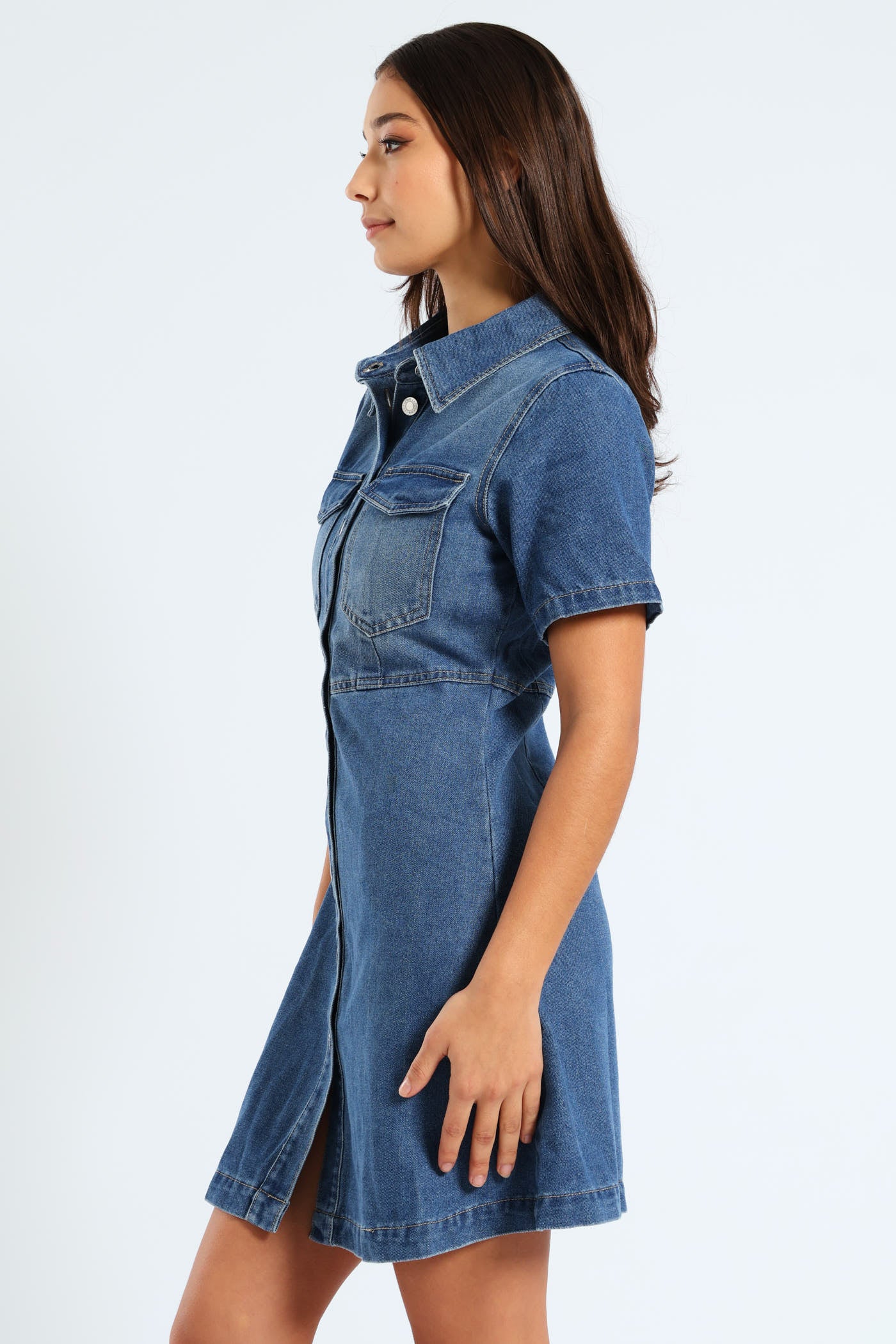 Short Sleeve Button Front Mini Dress - Medium Wash - Image 3