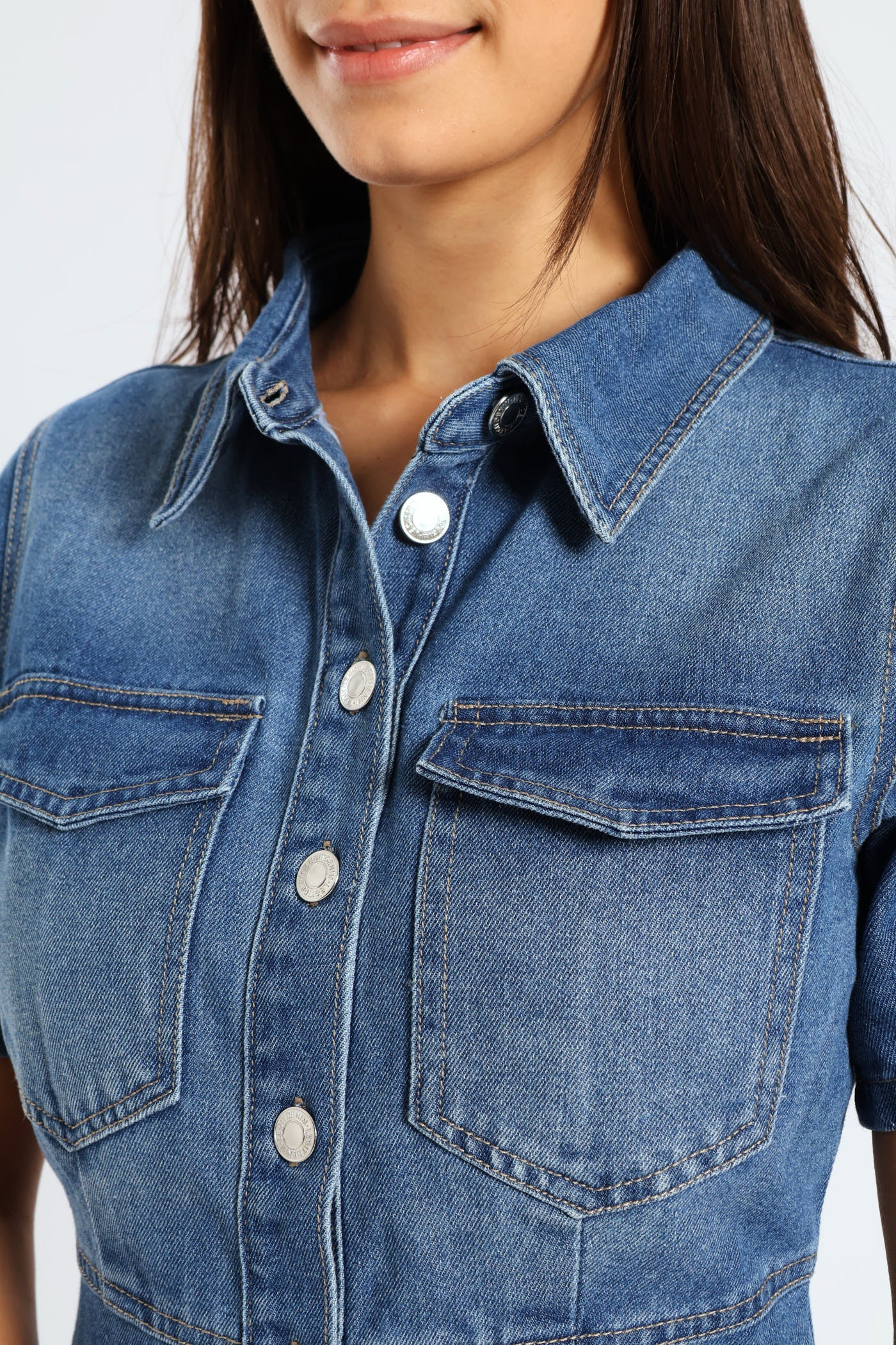 Short Sleeve Button Front Mini Dress - Medium Wash - Image 4
