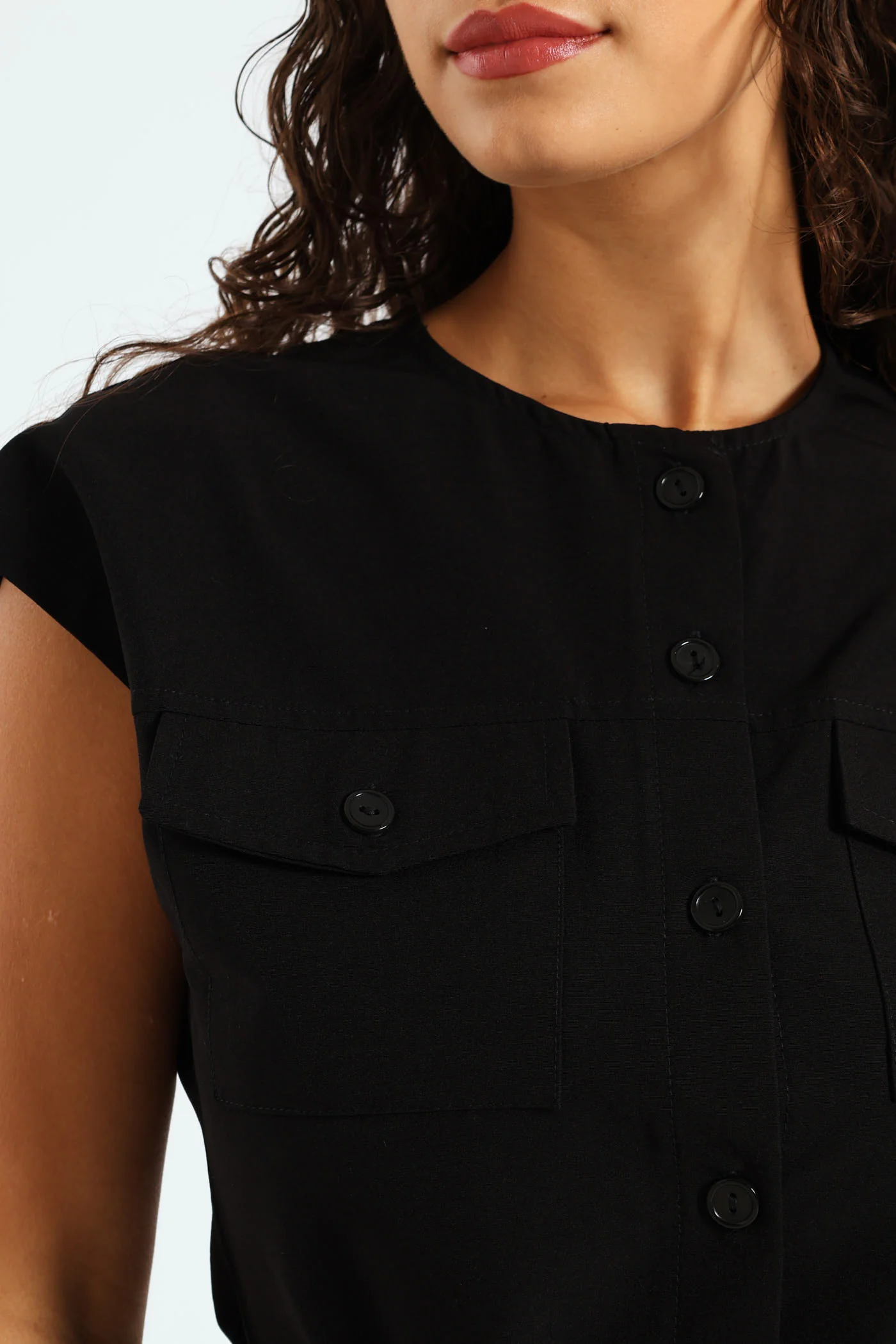Short Sleeve Button Through Belted Dress - Black - Image 2