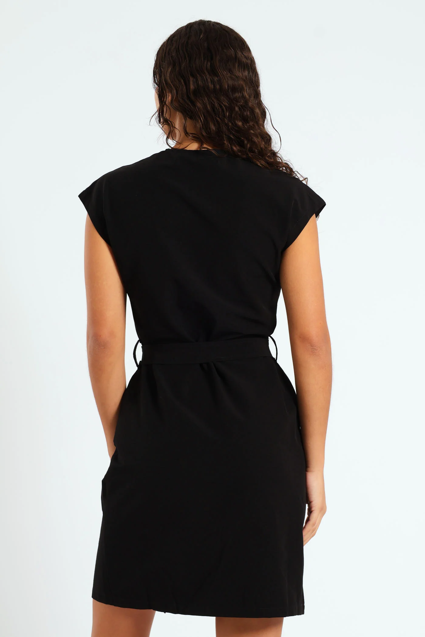 Short Sleeve Button Through Belted Dress - Black - Image 5