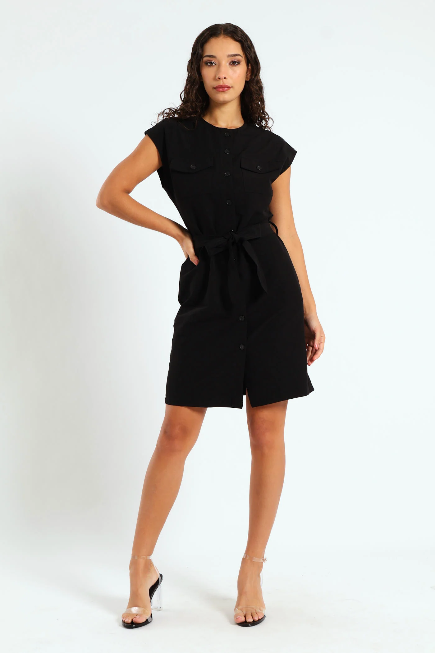 Short Sleeve Button Through Belted Dress - Black - Image 6