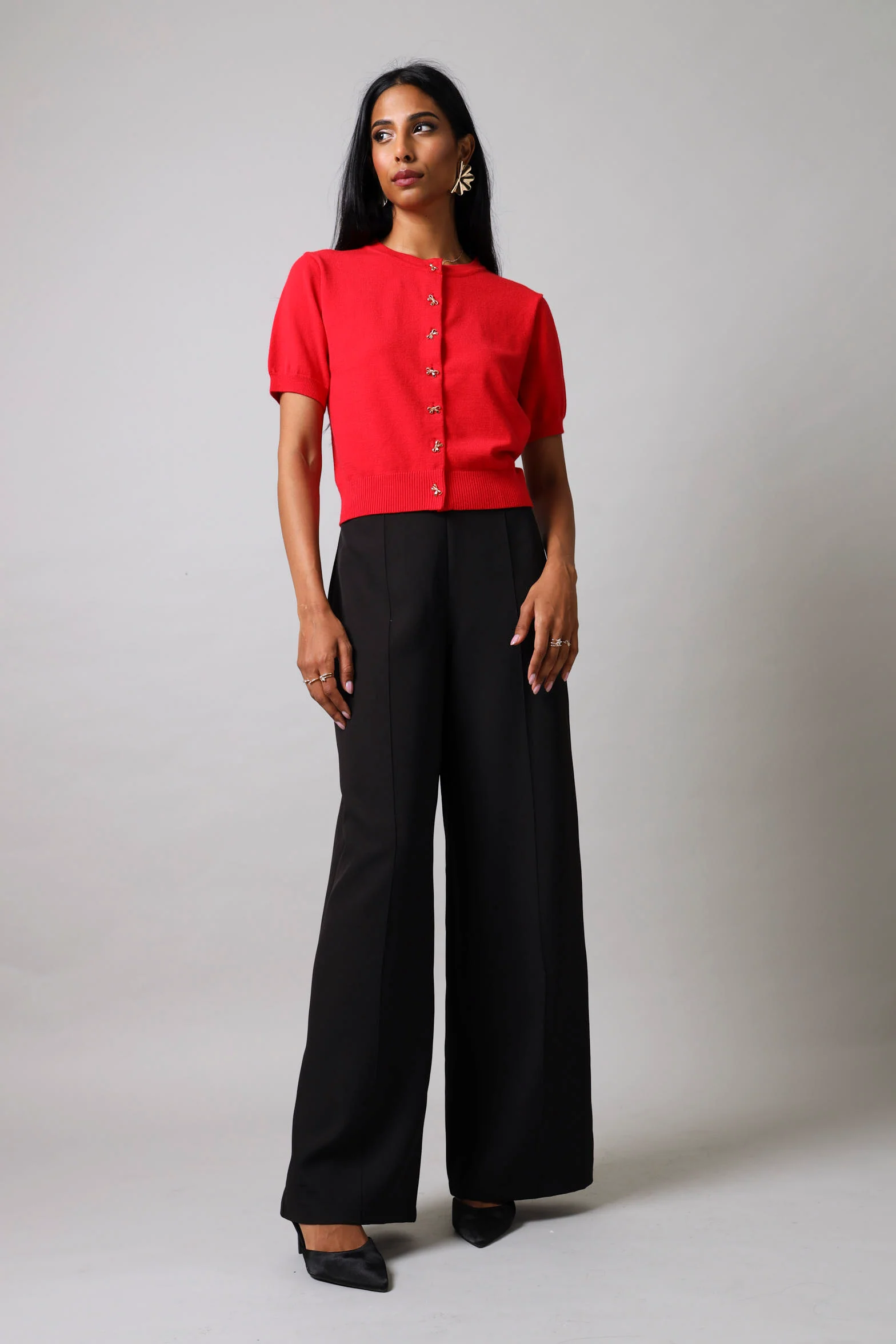 Short Sleeve Button Through Knit Top - Red