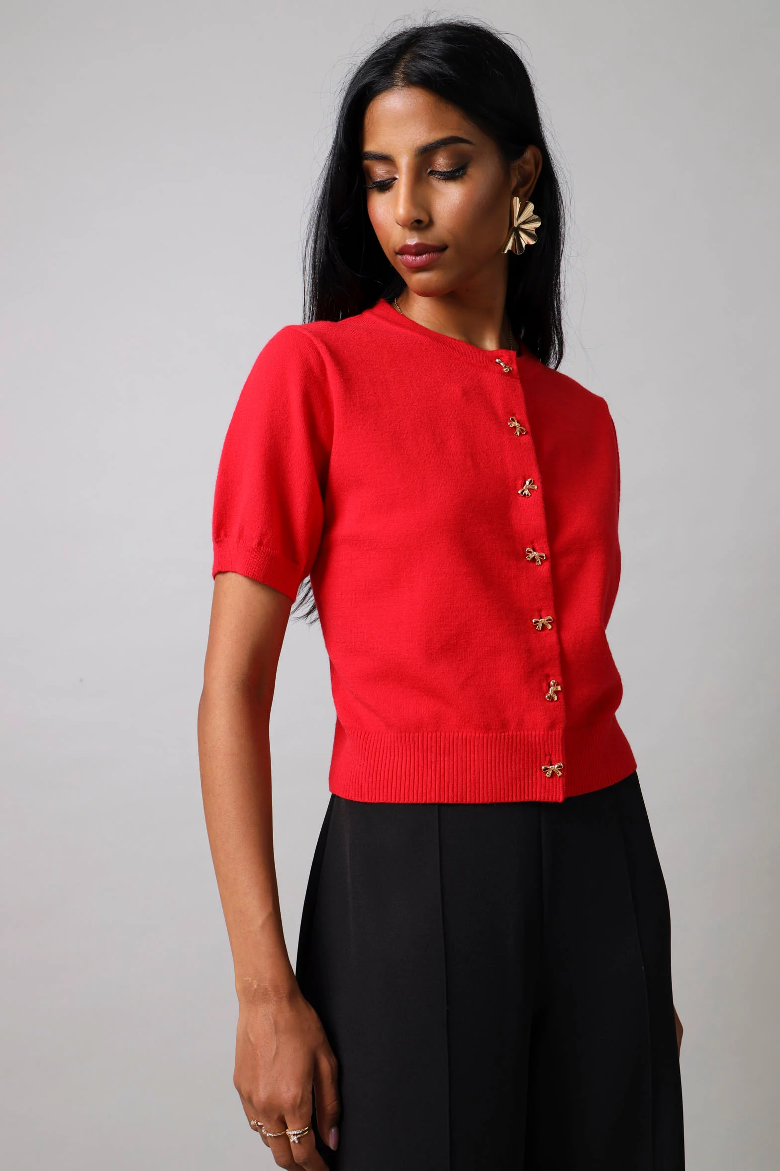Short Sleeve Button Through Knit Top - Red - Image 3