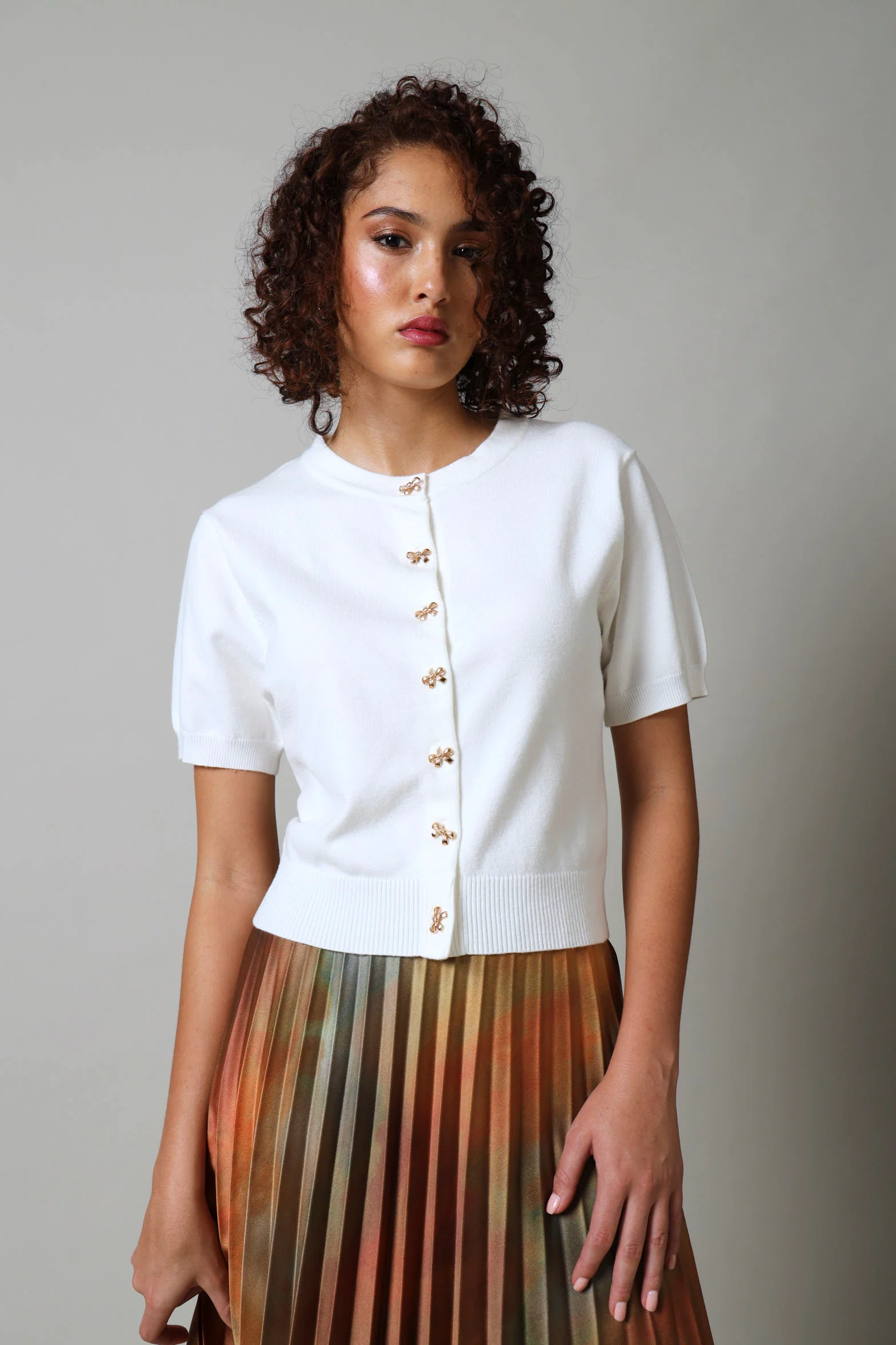 Short Sleeve Button Through Knit Top - White - Image 2
