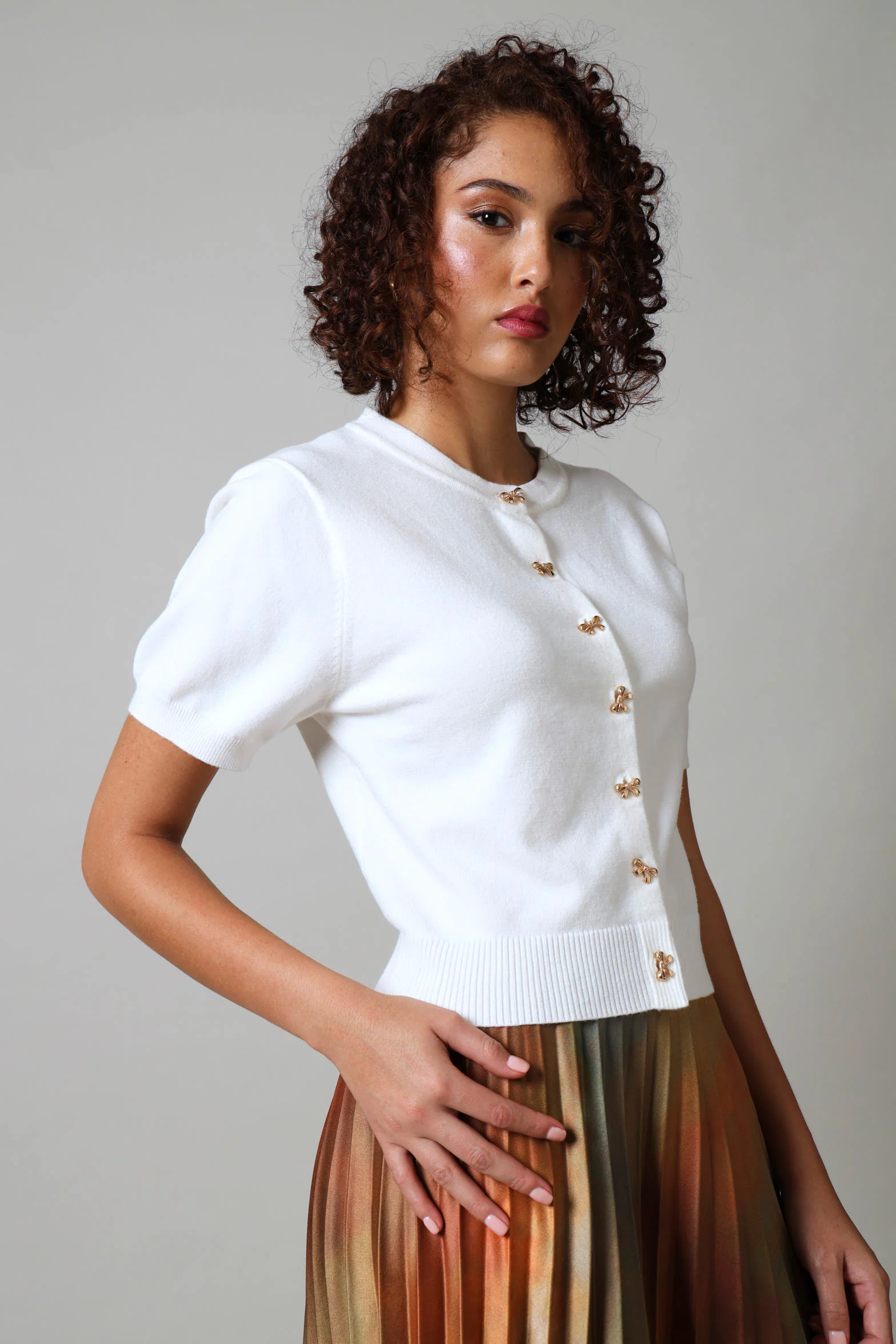Short Sleeve Button Through Knit Top - White - Image 3
