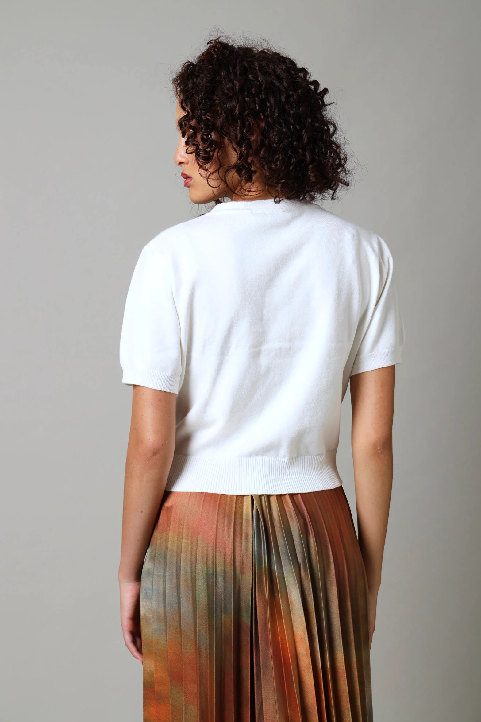 Short Sleeve Button Through Knit Top - White - Image 4
