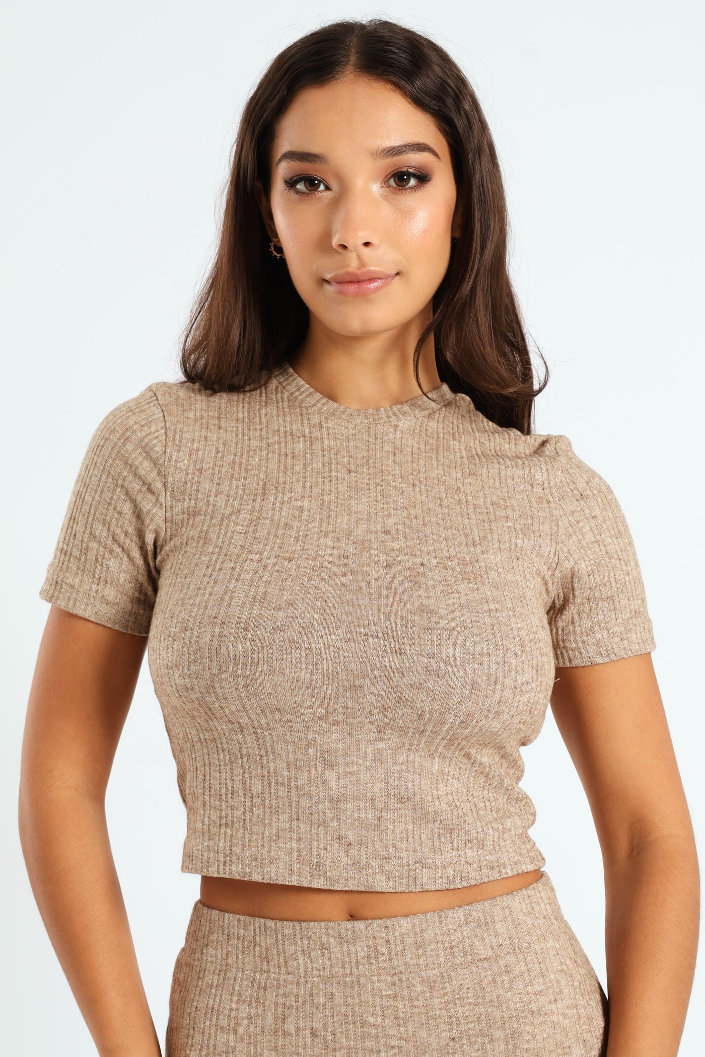 Short Sleeve Cable Knit Top - Beige