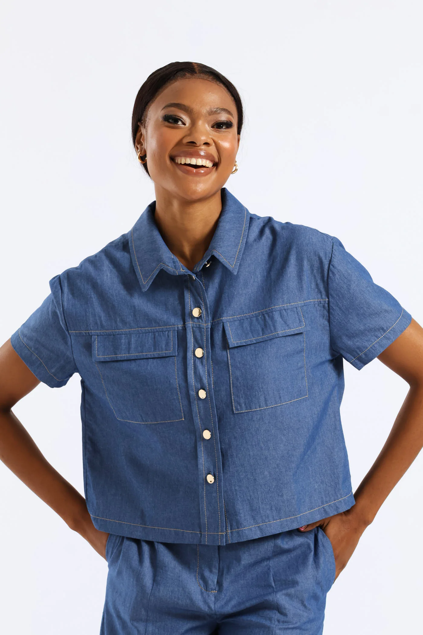 Short Sleeve Chambray Button Through Shirt - Medium Wash