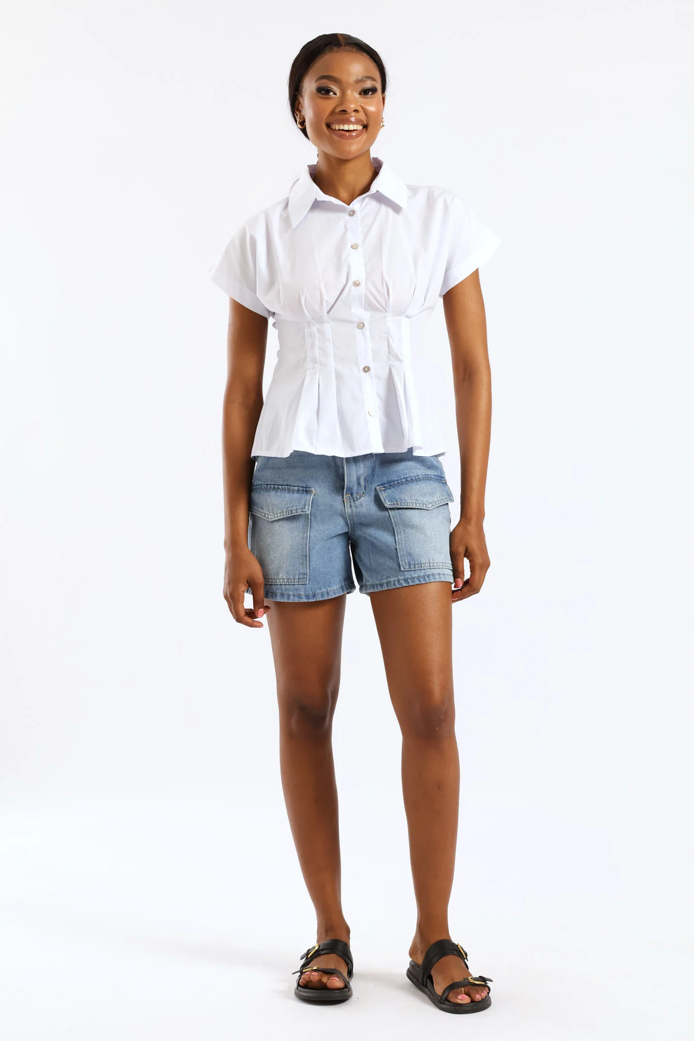 Short Sleeve Cinched Waist Button Through Top - White - Image 3
