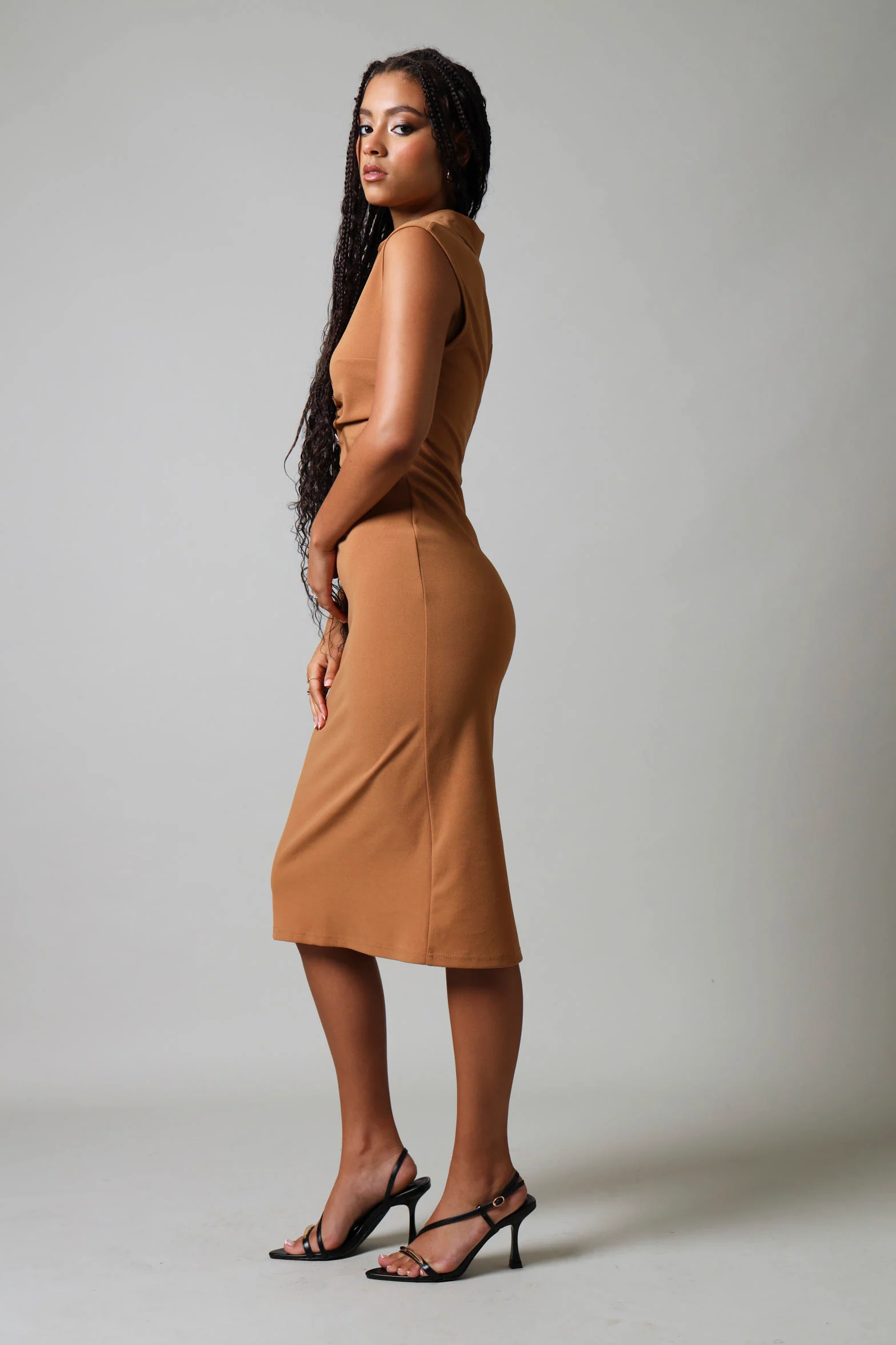 Short Sleeve Collared Bodycon Dress - Tobacco - Image 2