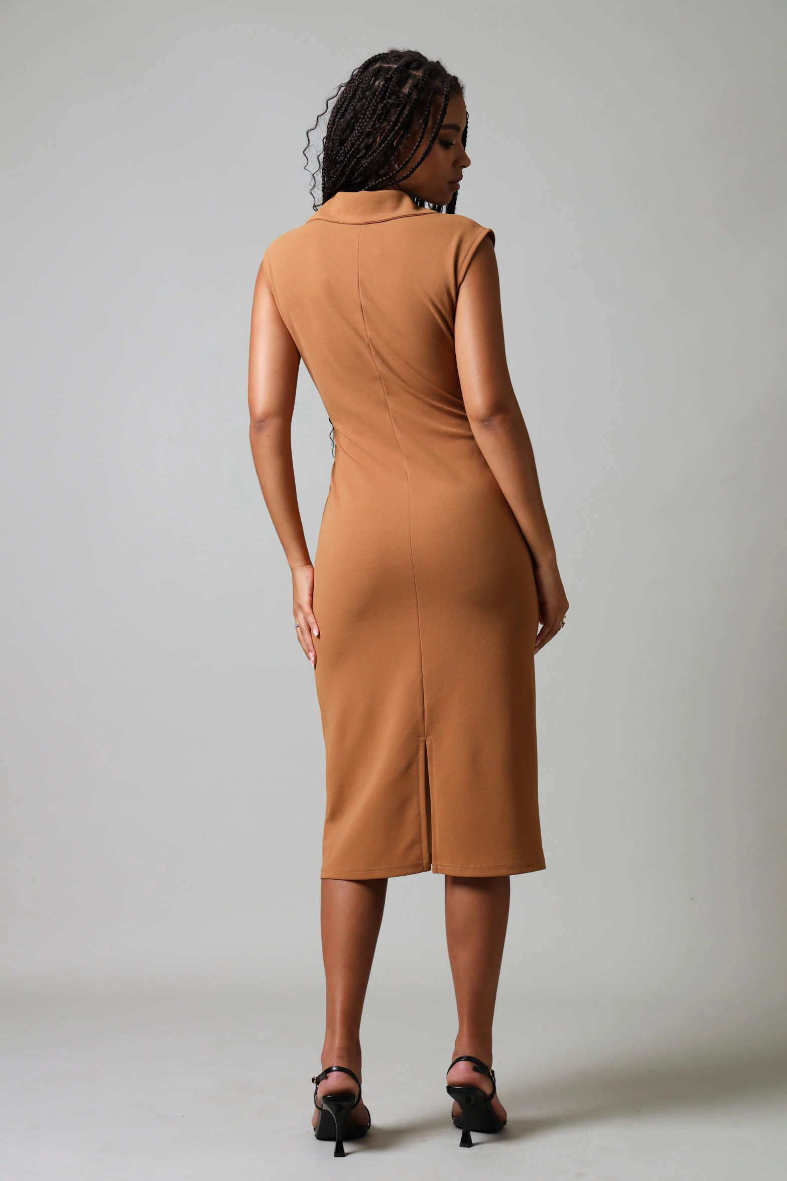 Short Sleeve Collared Bodycon Dress - Tobacco - Image 3