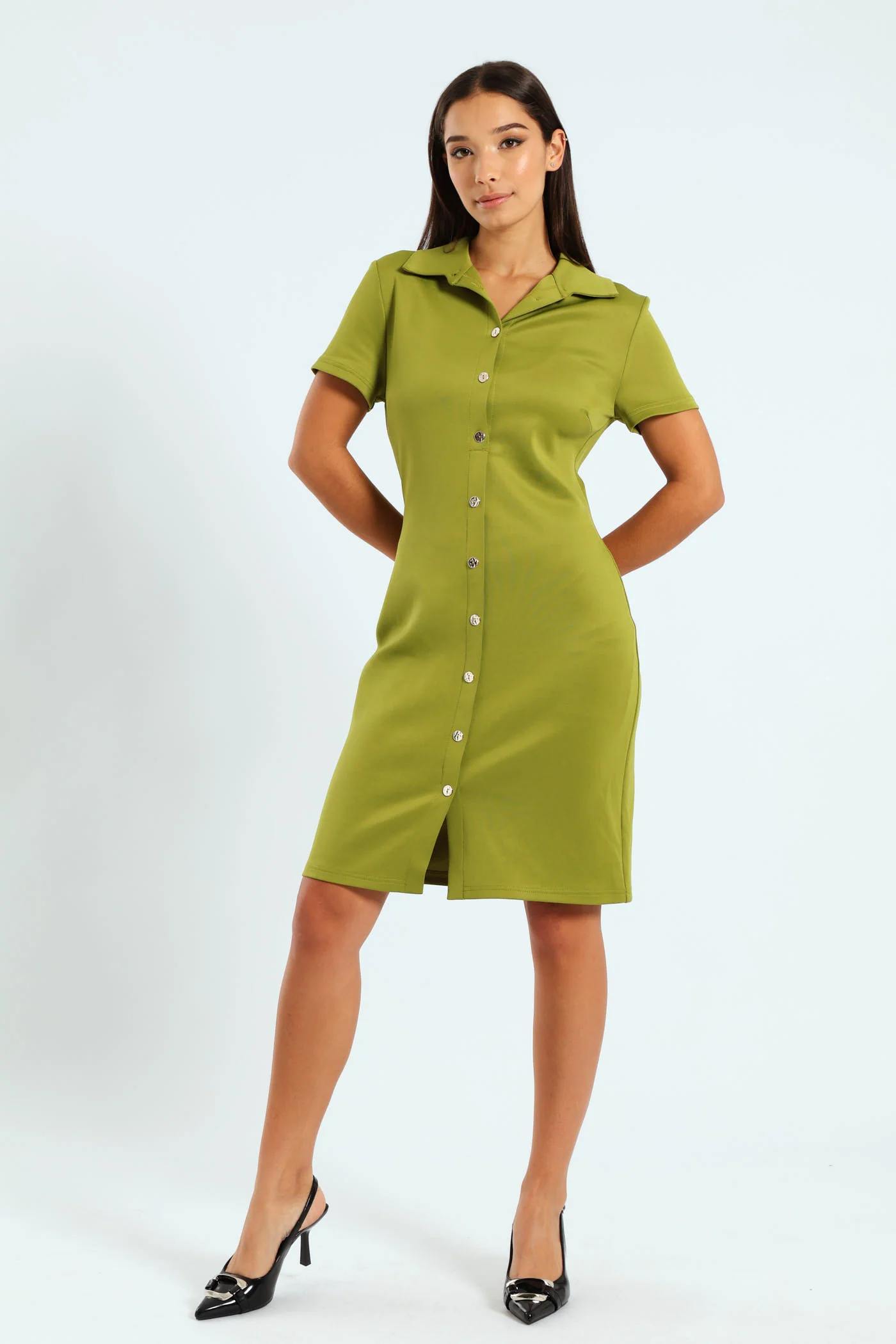 Short Sleeve Collared Panel Fitted Mini Dress - Green - Image 2