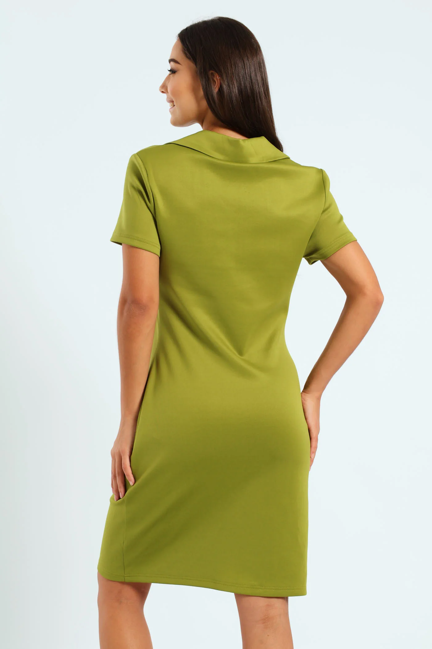 Short Sleeve Collared Panel Fitted Mini Dress - Green - Image 6