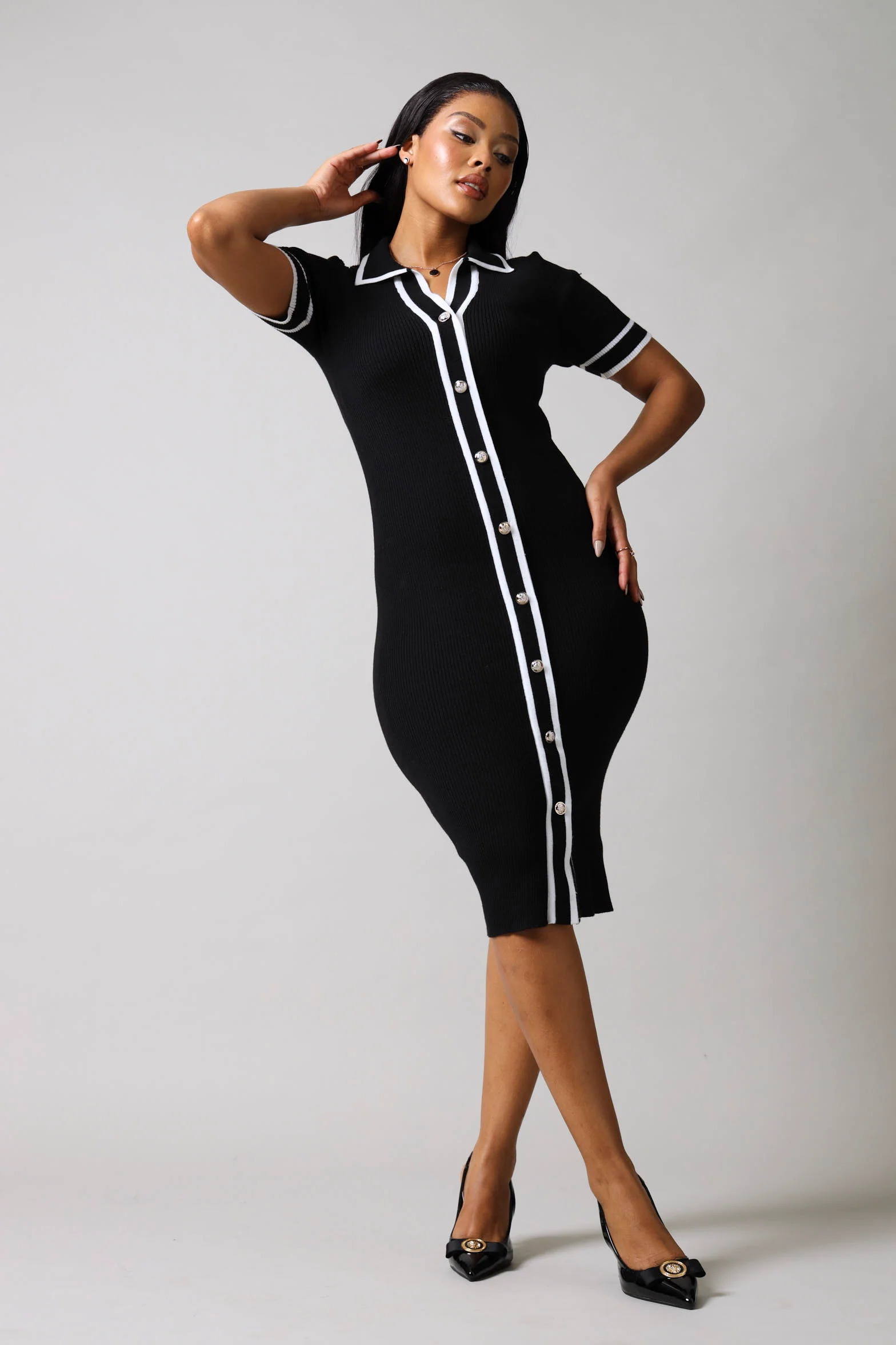 Short Sleeve Knitwear Dress - Black/White