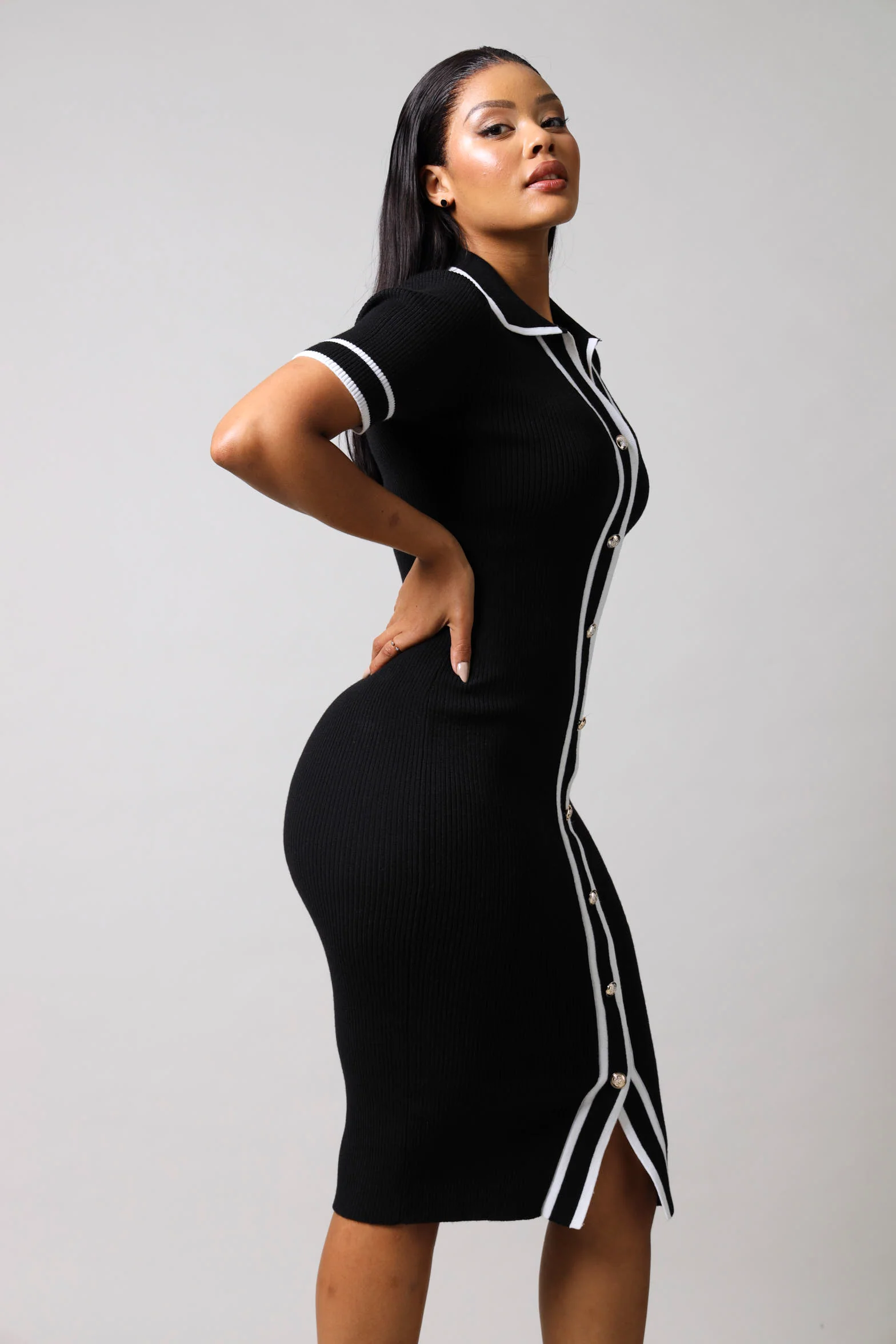 Short Sleeve Knitwear Dress - Black/White - Image 2