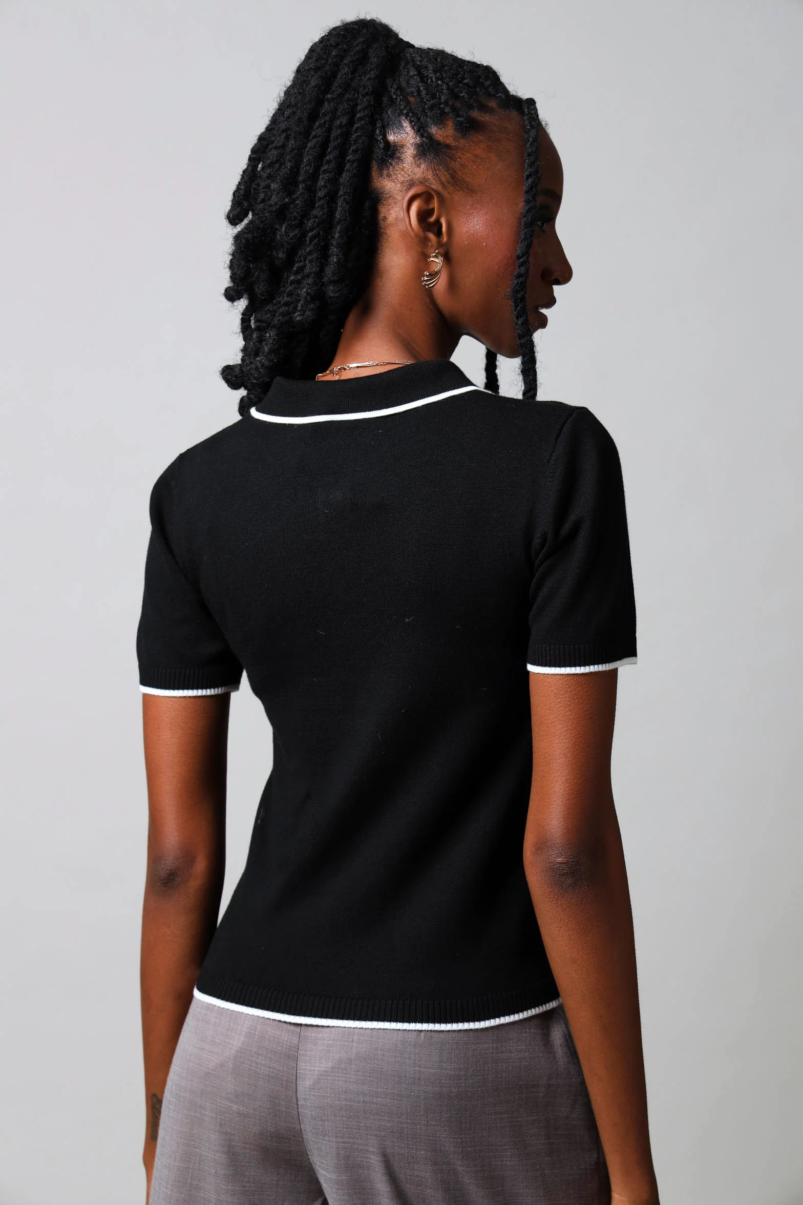 Short Sleeve Contrast Detail Golfer - Black/White - Image 4