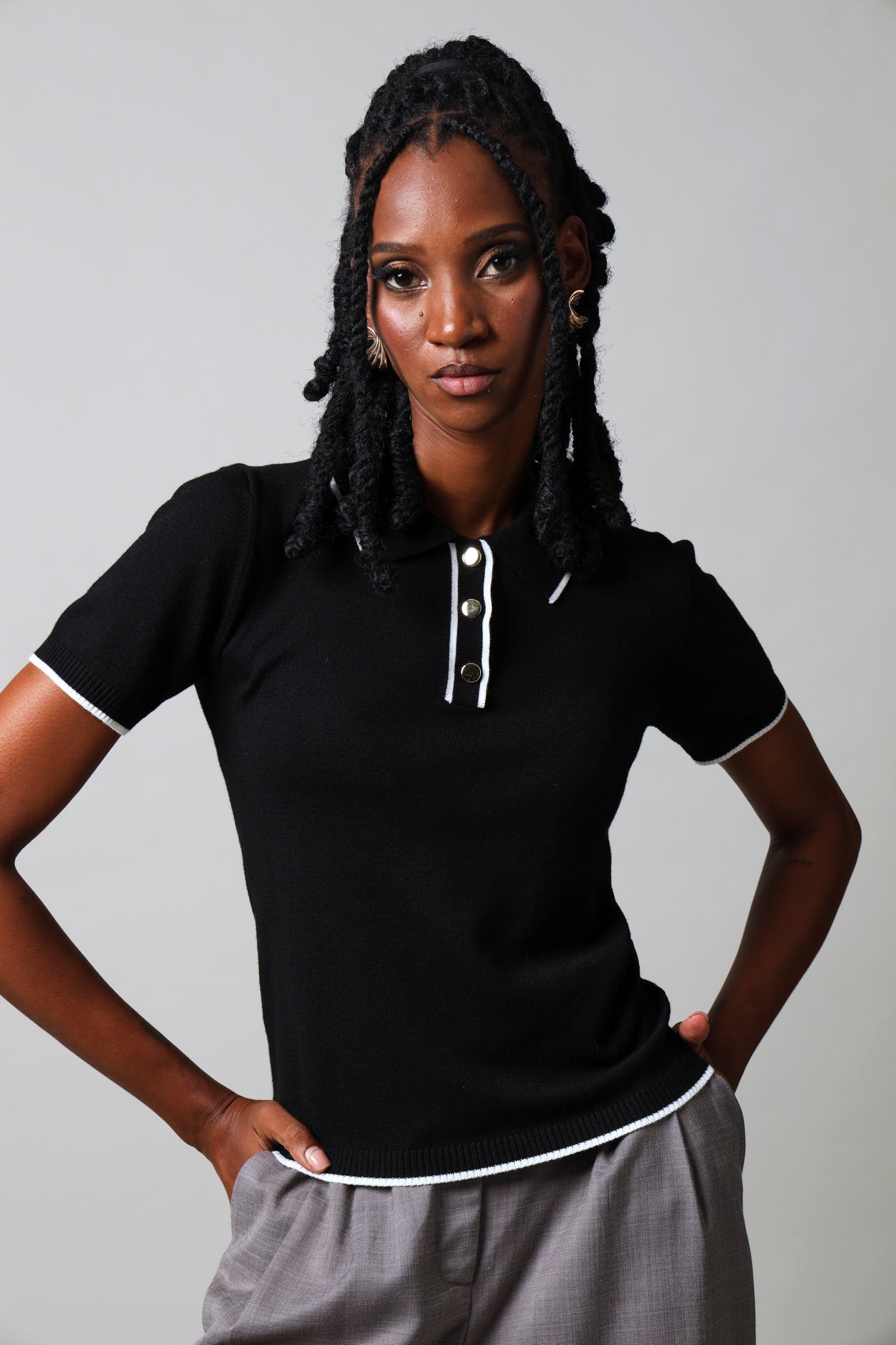 Short Sleeve Contrast Detail Golfer - Black/White - Image 7