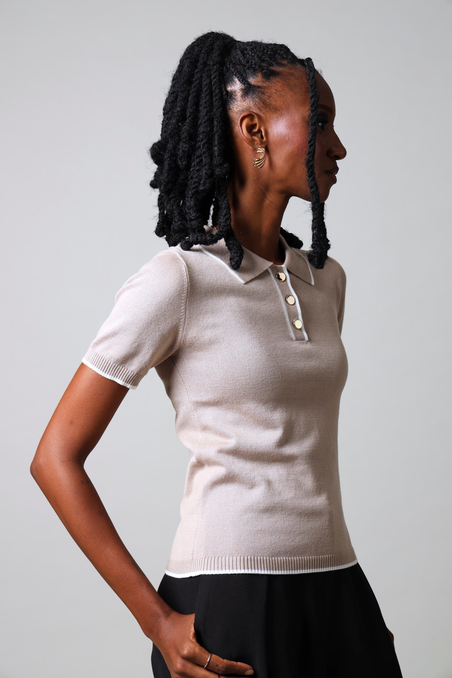 Short Sleeve Contrast Detail Golfer - Stone/White - Image 4