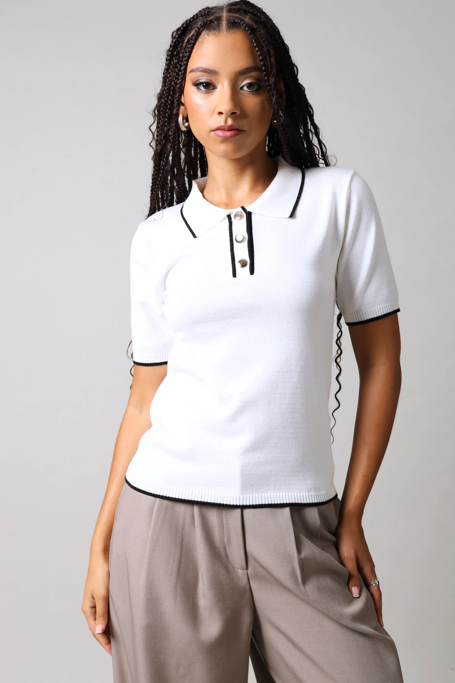 Short Sleeve Contrast Detail Golfer - White/Black - Image 2