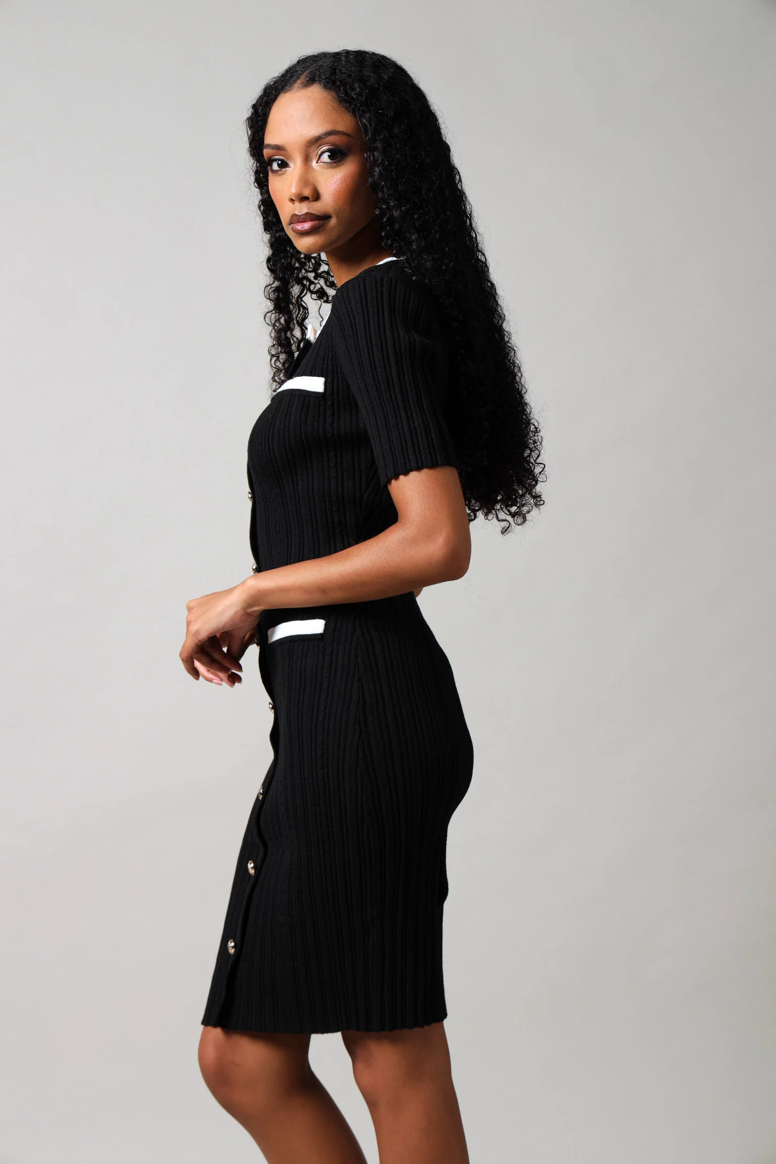 Short Sleeve Contrast Knitwear Dress - Black/White - Image 2